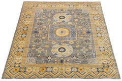 Tapis moderne en laine fait main de style Khotan - Design géométrique gris ardoise et ocre