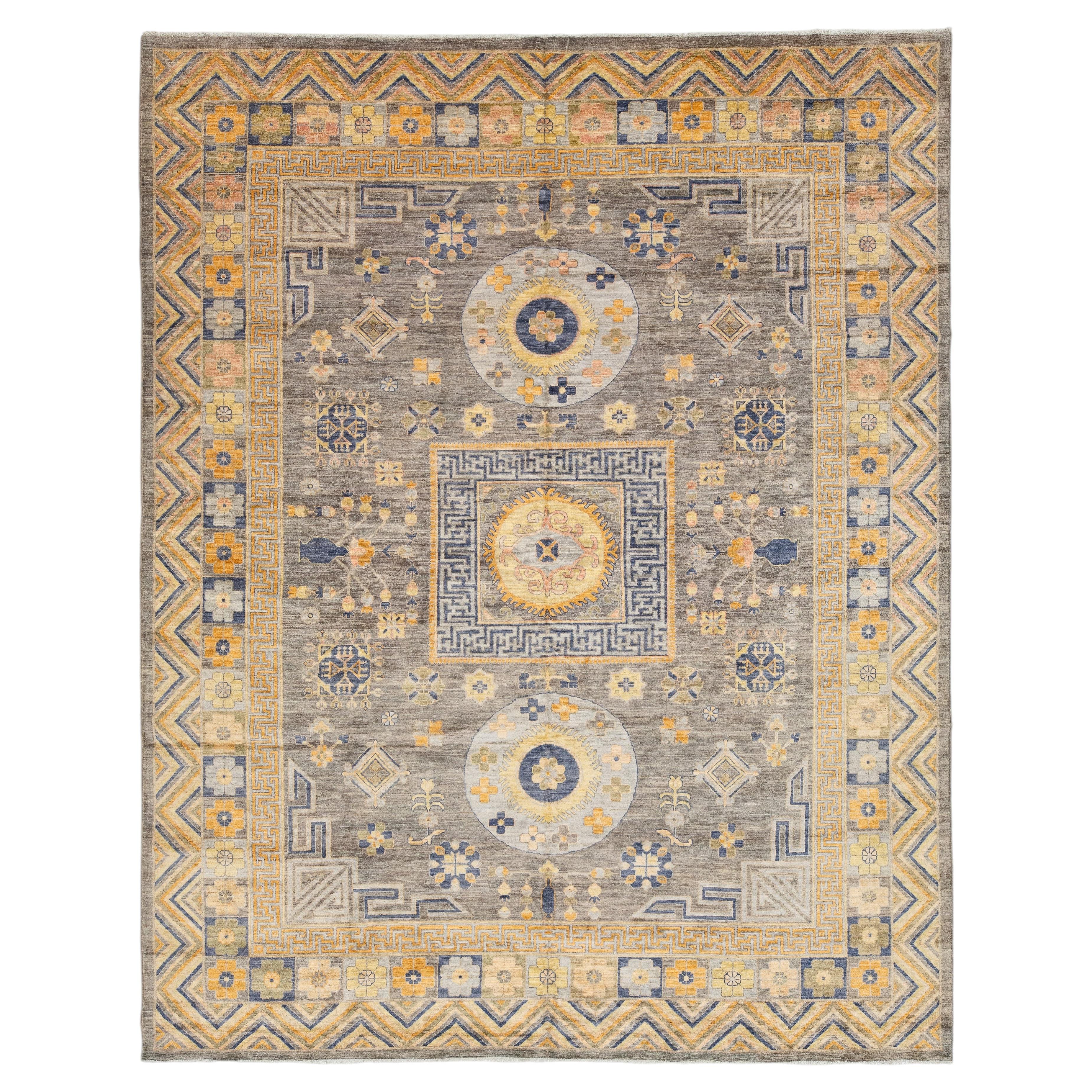 Modern Khotan Style Handmade Wool Rug - Slate Grey & Ochre Geometric Design For Sale