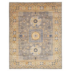 Tapis moderne en laine fait main de style Khotan - Design géométrique gris ardoise et ocre