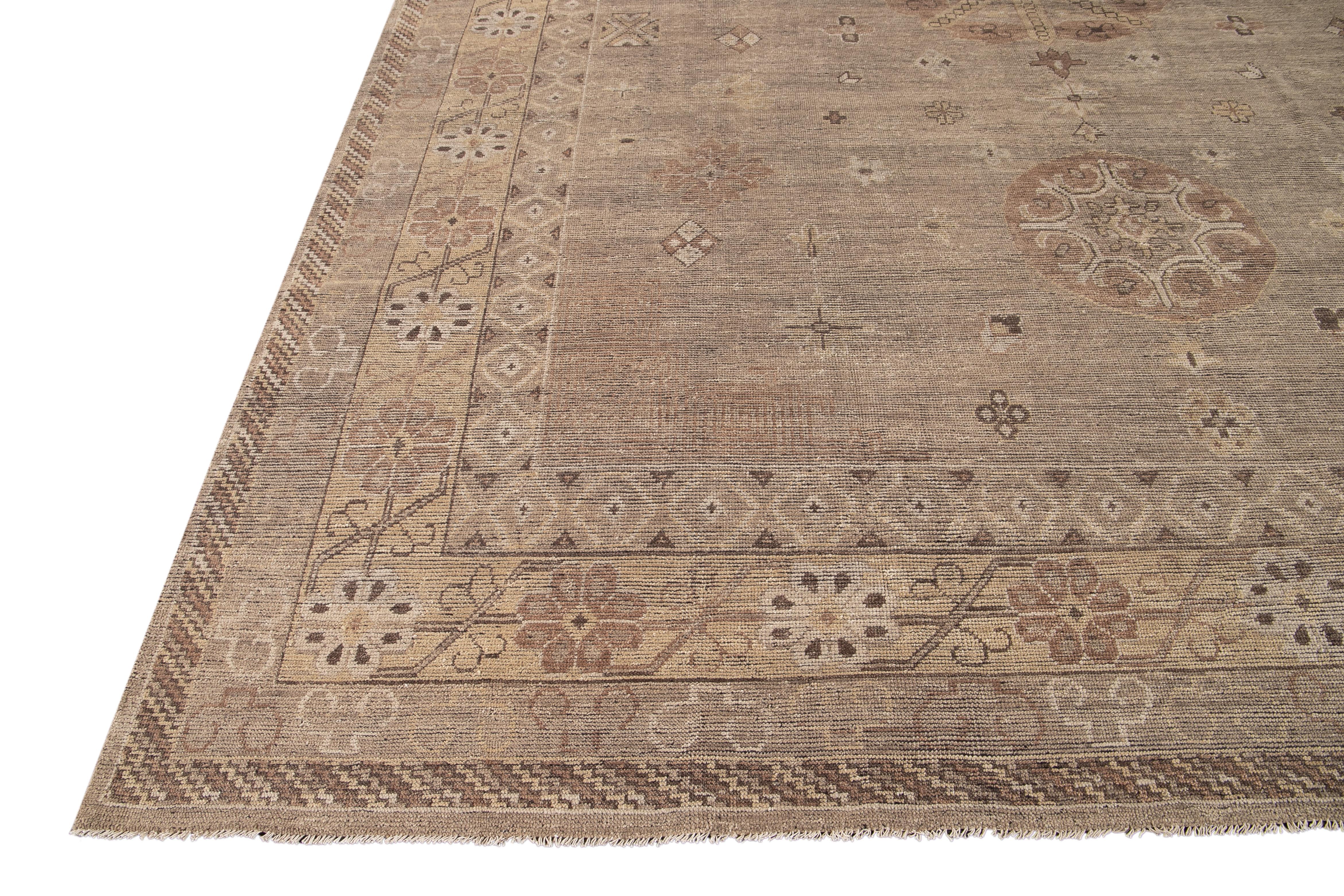 Hand-Knotted Modern Khotan Style Nude Handmade Medallion Oversize Wool Rug For Sale