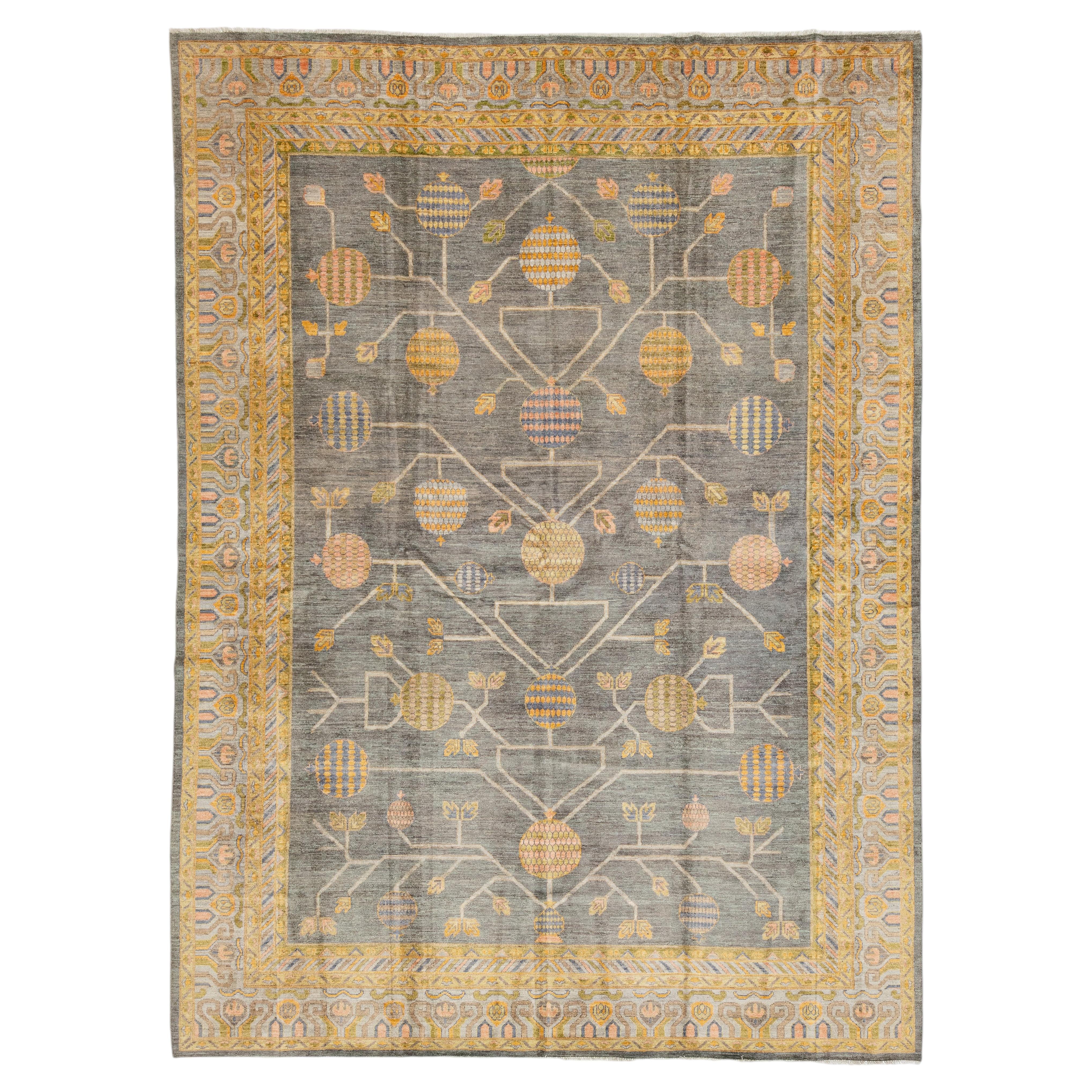 Modern Khotan-Style Pomegranate Tree Charcoal Wool Area Rug For Sale
