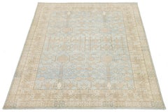 Tappeto moderno in stile Khotan con albero di melograno - lana annodata a mano blu cielo e avorio