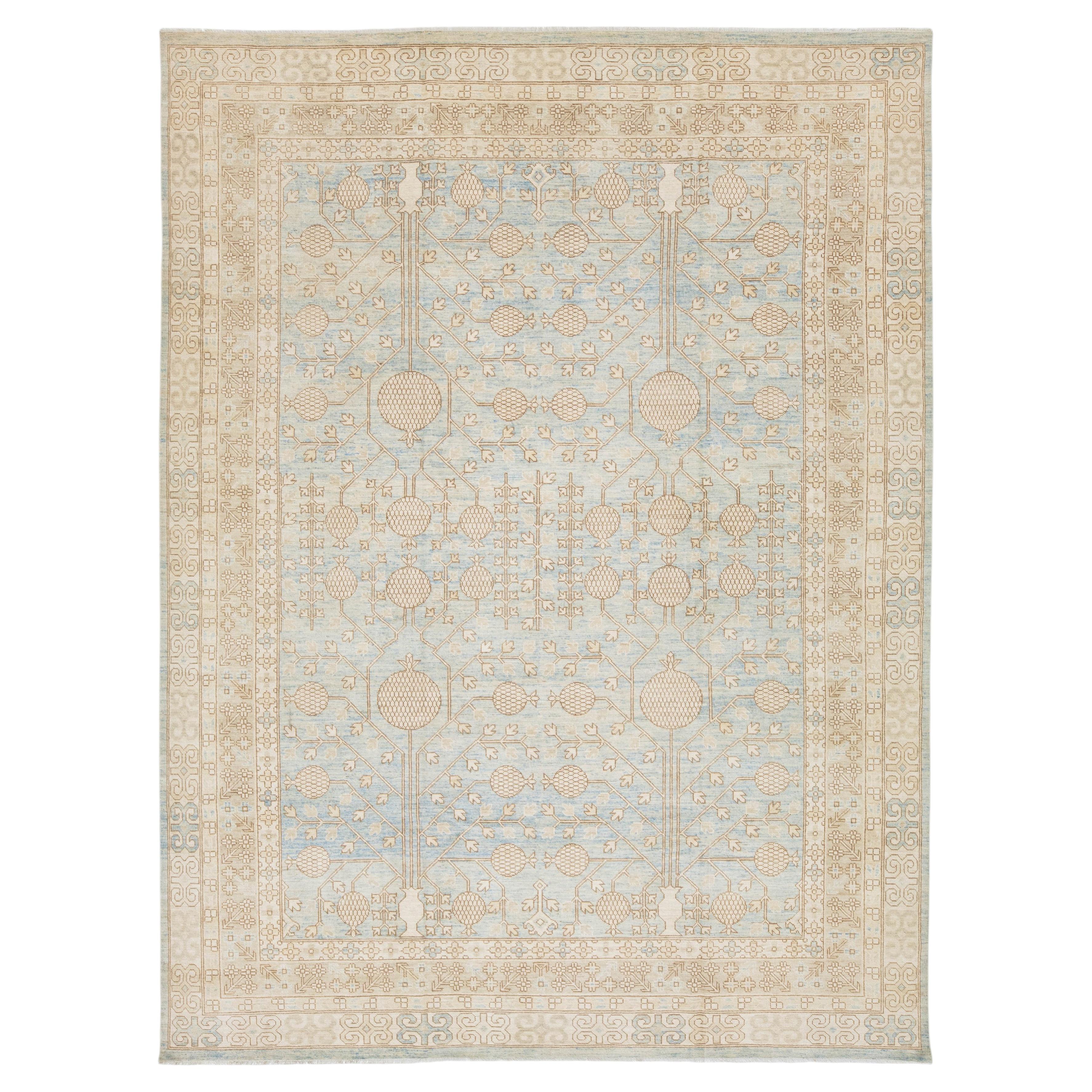Modern Khotan Style Pomegranate Tree Rug – Sky Blue & Ivory Hand-Knotted Wool For Sale