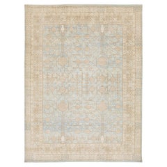 Tappeto moderno in stile Khotan con albero di melograno - lana annodata a mano blu cielo e avorio