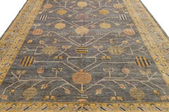 Modern Khotan Style Rug Hand-Knotted Wool Pomegranate Design in Charcoal & Ochre