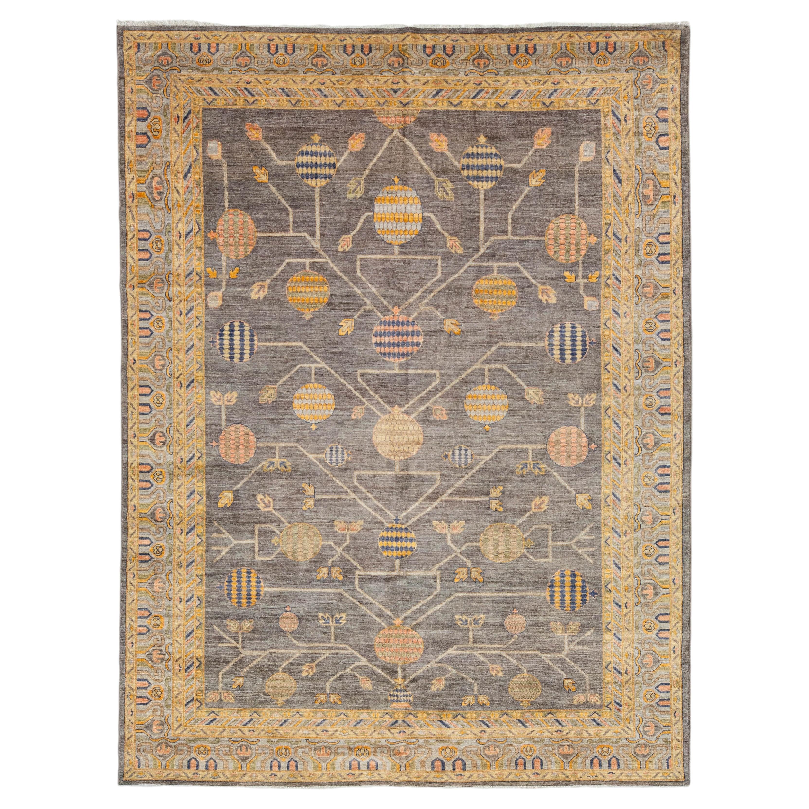 Modern Khotan Style Rug Hand-Knotted Wool Pomegranate Design in Charcoal & Ochre