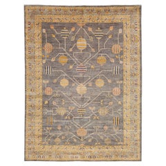 Modern Khotan Style Rug Hand-Knotted Wool Pomegranate Design in Charcoal & Ochre