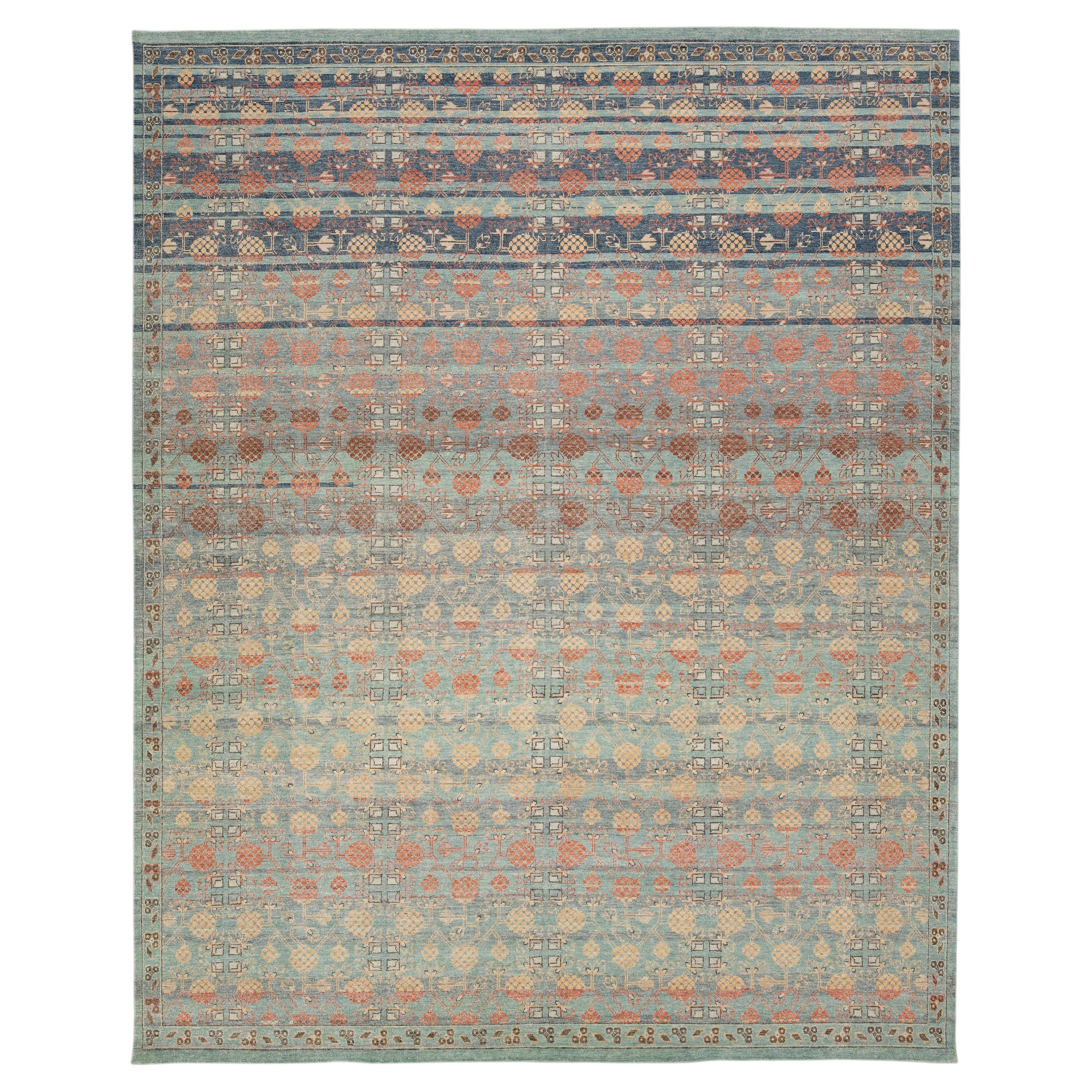 Modern Khotan Style Wool Rug Terracotta, Sage Green & Soft Blue Transitional