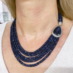 Modern Kianite Blue Pear Shaped Sapphire 5-Row Necklace 18 Karat White Gold