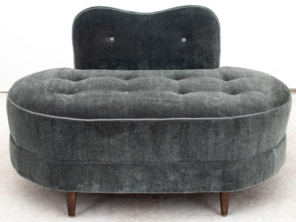 Modern Kidney Bean Form Slipper Chair, covered in slate gray velvet. 25