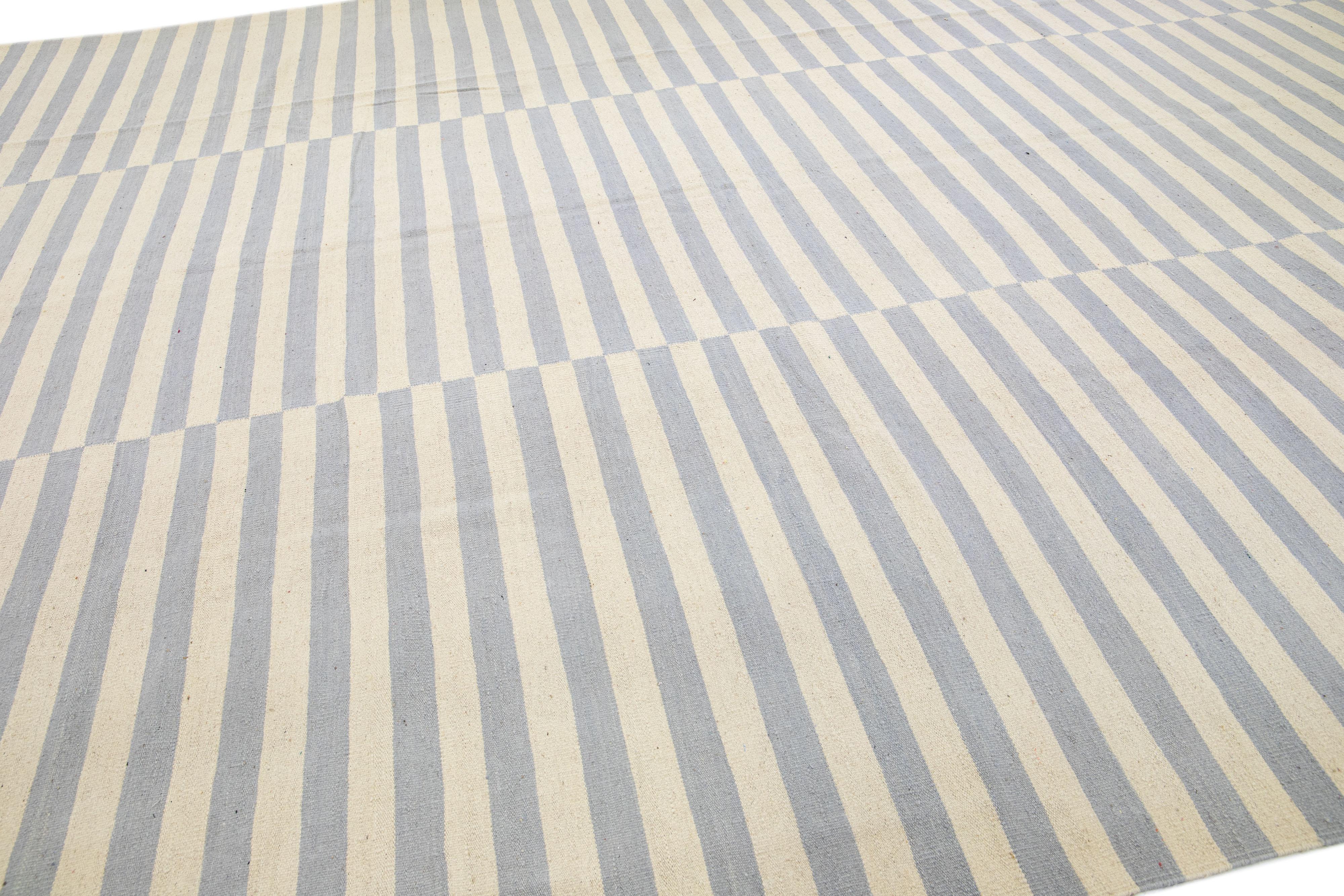 Modern Kilim Beige Flat-Weave Allover Stripe Wool Rug In New Condition For Sale In Norwalk, CT