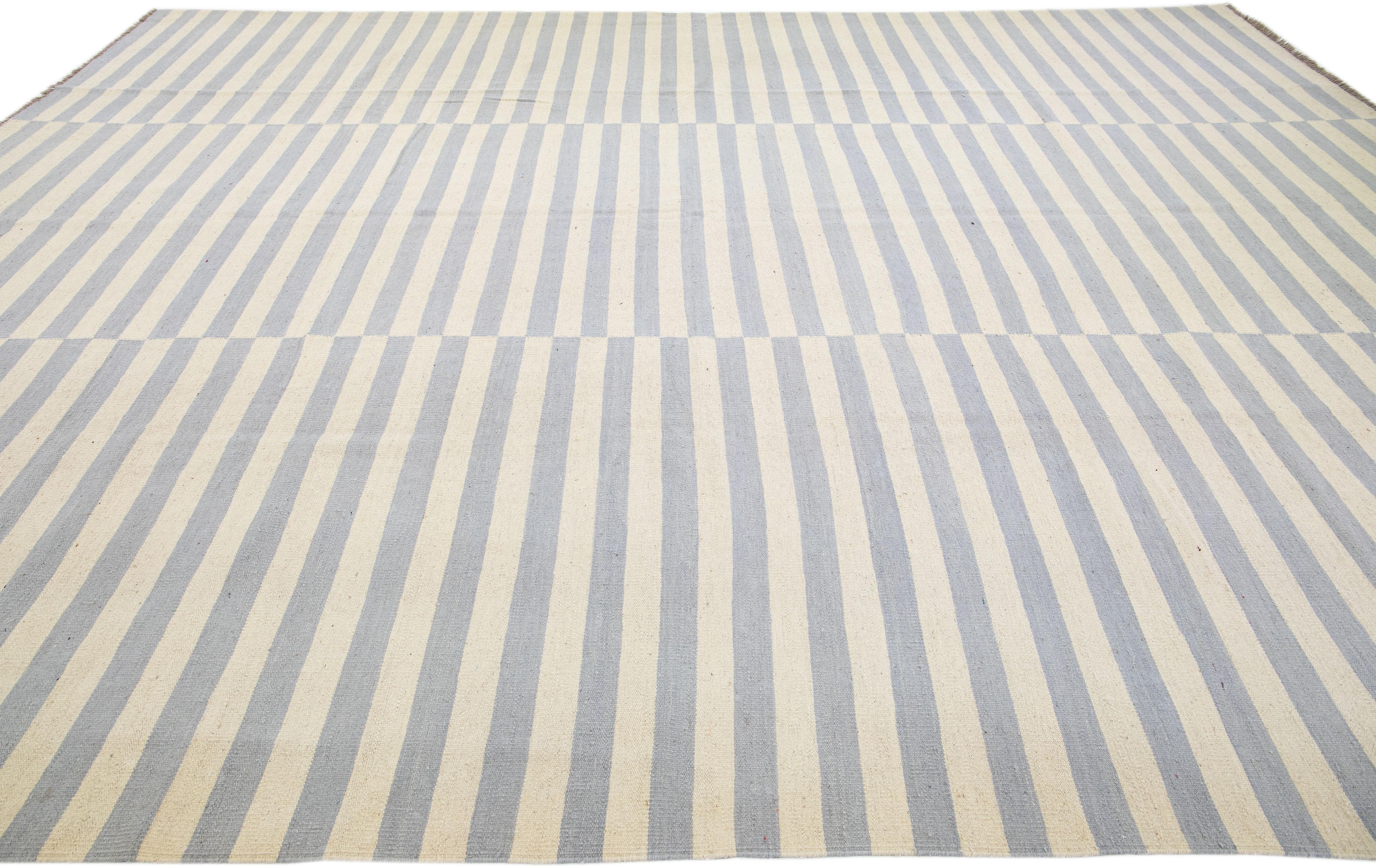 Contemporary Modern Kilim Beige Flat-Weave Allover Stripe Wool Rug For Sale