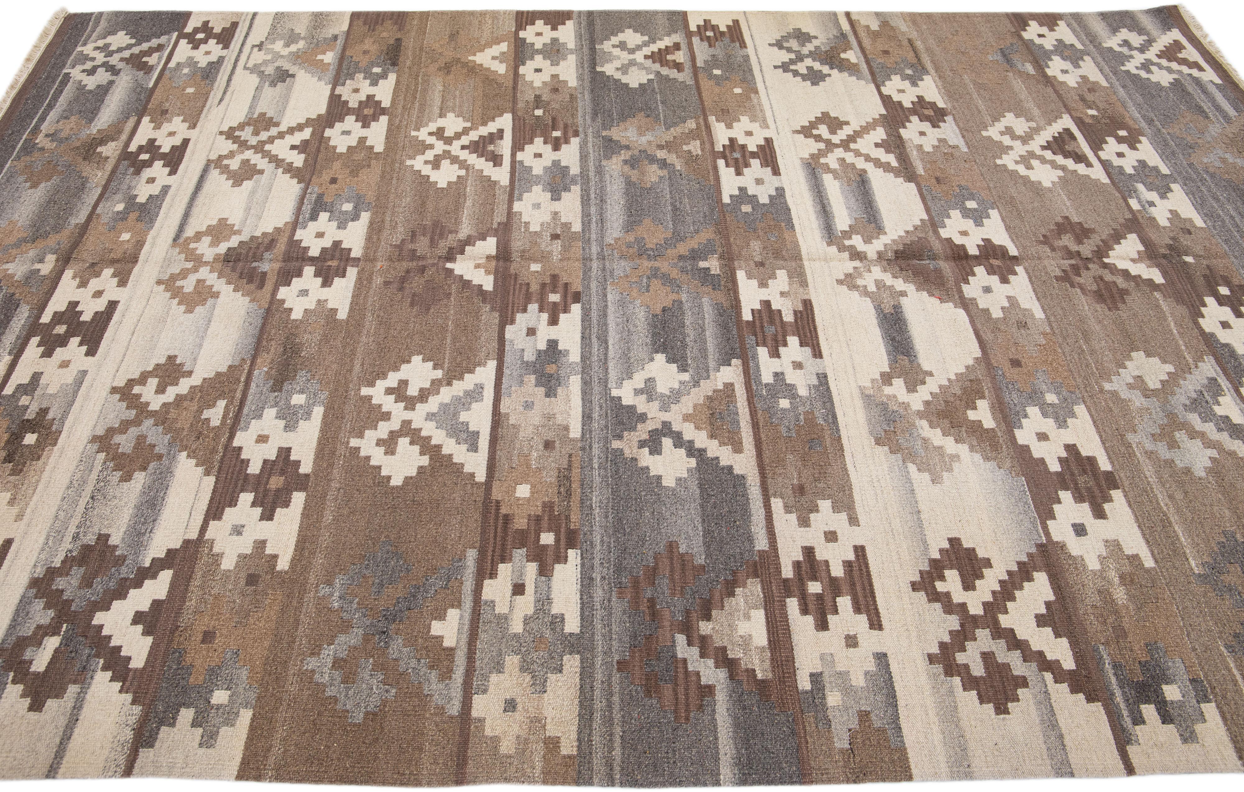 Contemporary Modern Kilim Brown Flat-Weave Geometric Wool Rug For Sale