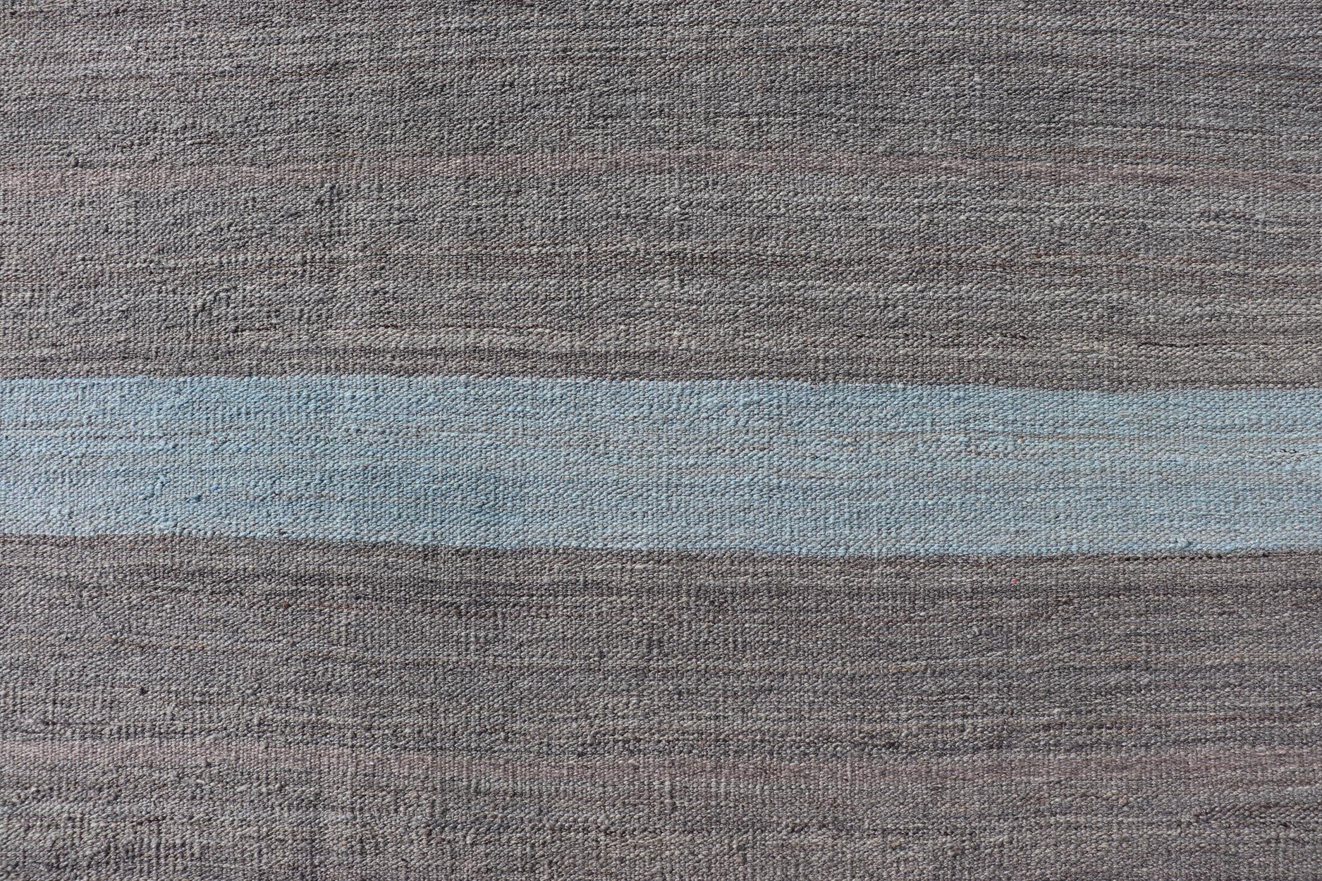 Modern Kilim Casual Rug with Stripes in Shades of Blue, Gray' and Charcoal 3