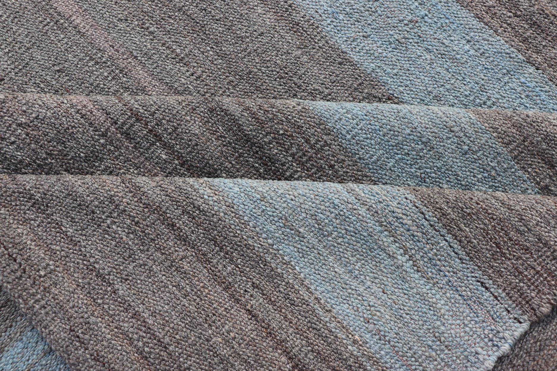 Modern Kilim Casual Rug with Stripes in Shades of Blue, Gray' and Charcoal 4
