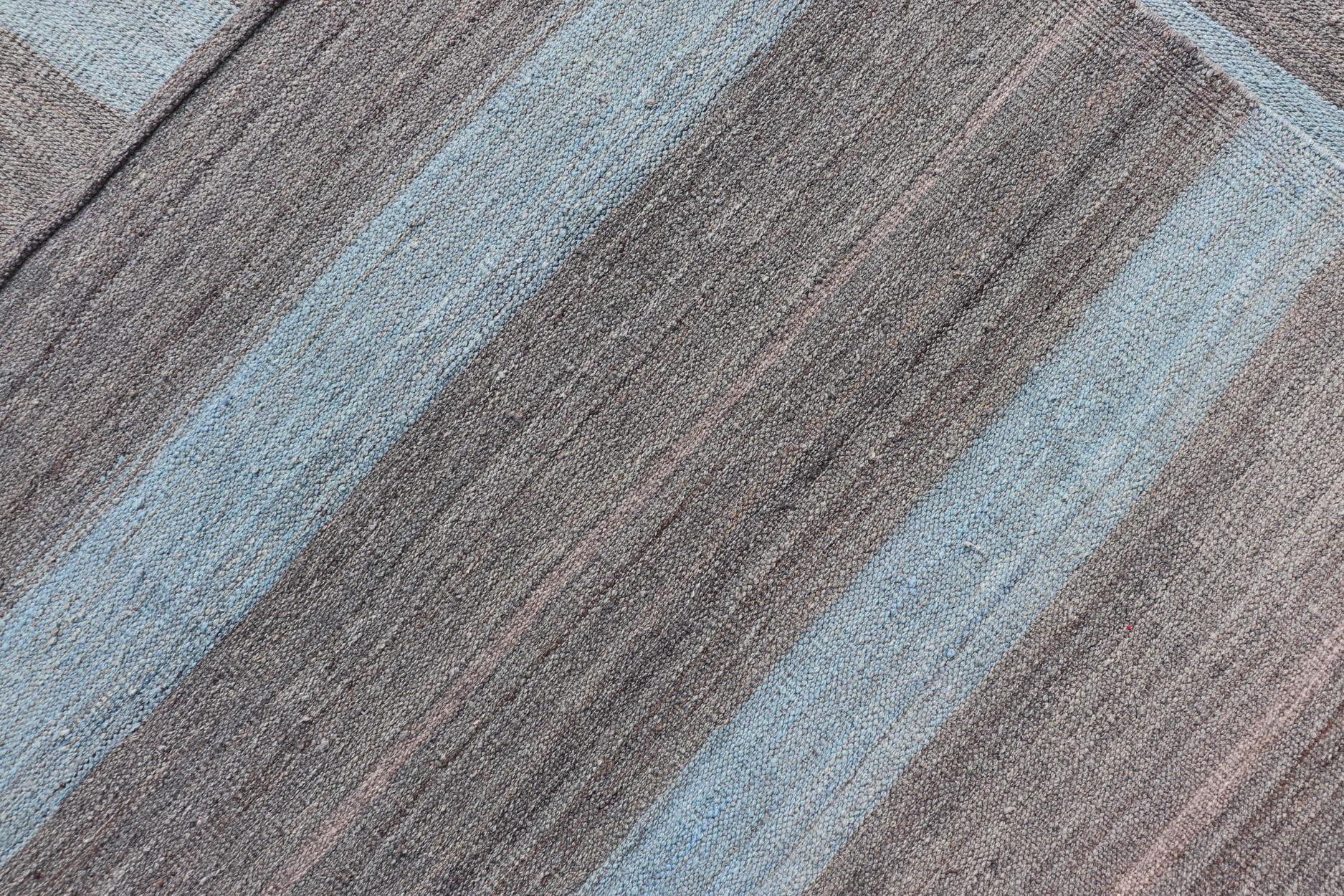 Modern Kilim Casual Rug with Stripes in Shades of Blue, Gray' and Charcoal 5