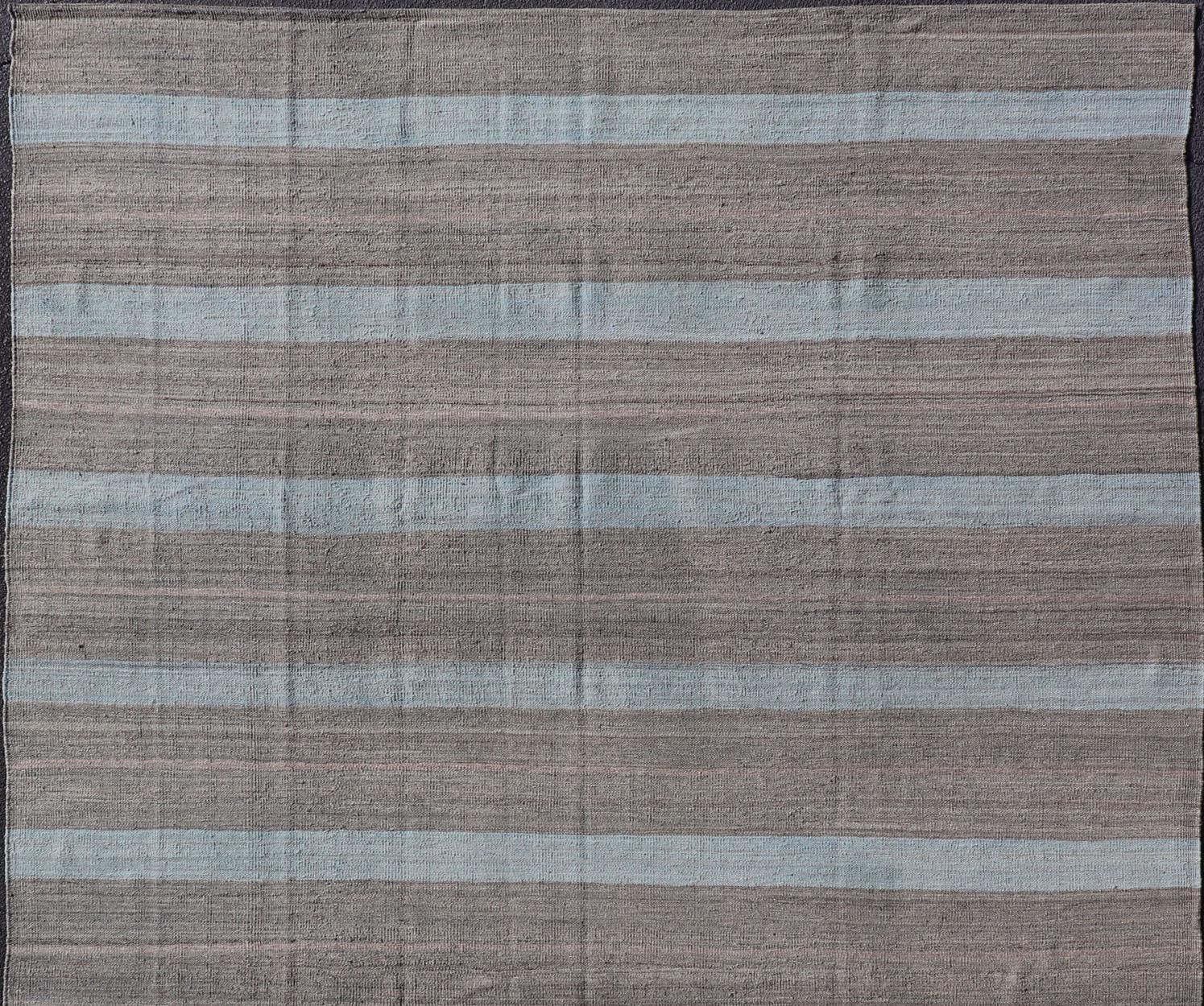 Afghan Modern Kilim Casual Rug with Stripes in Shades of Blue, Gray' and Charcoal