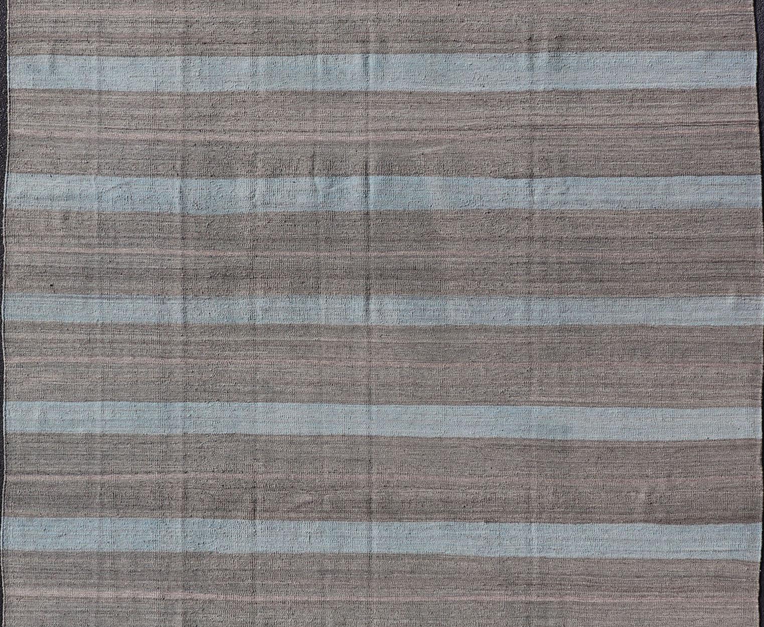 Hand-Woven Modern Kilim Casual Rug with Stripes in Shades of Blue, Gray' and Charcoal