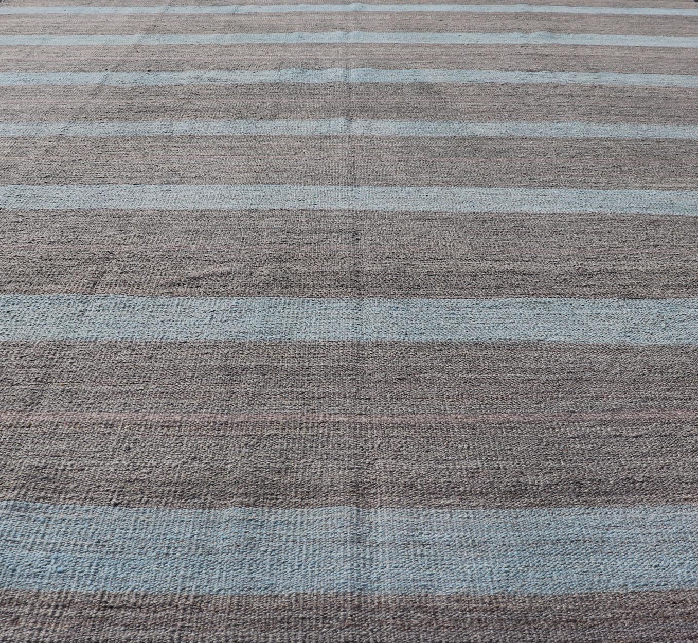 Contemporary Modern Kilim Casual Rug with Stripes in Shades of Blue, Gray' and Charcoal