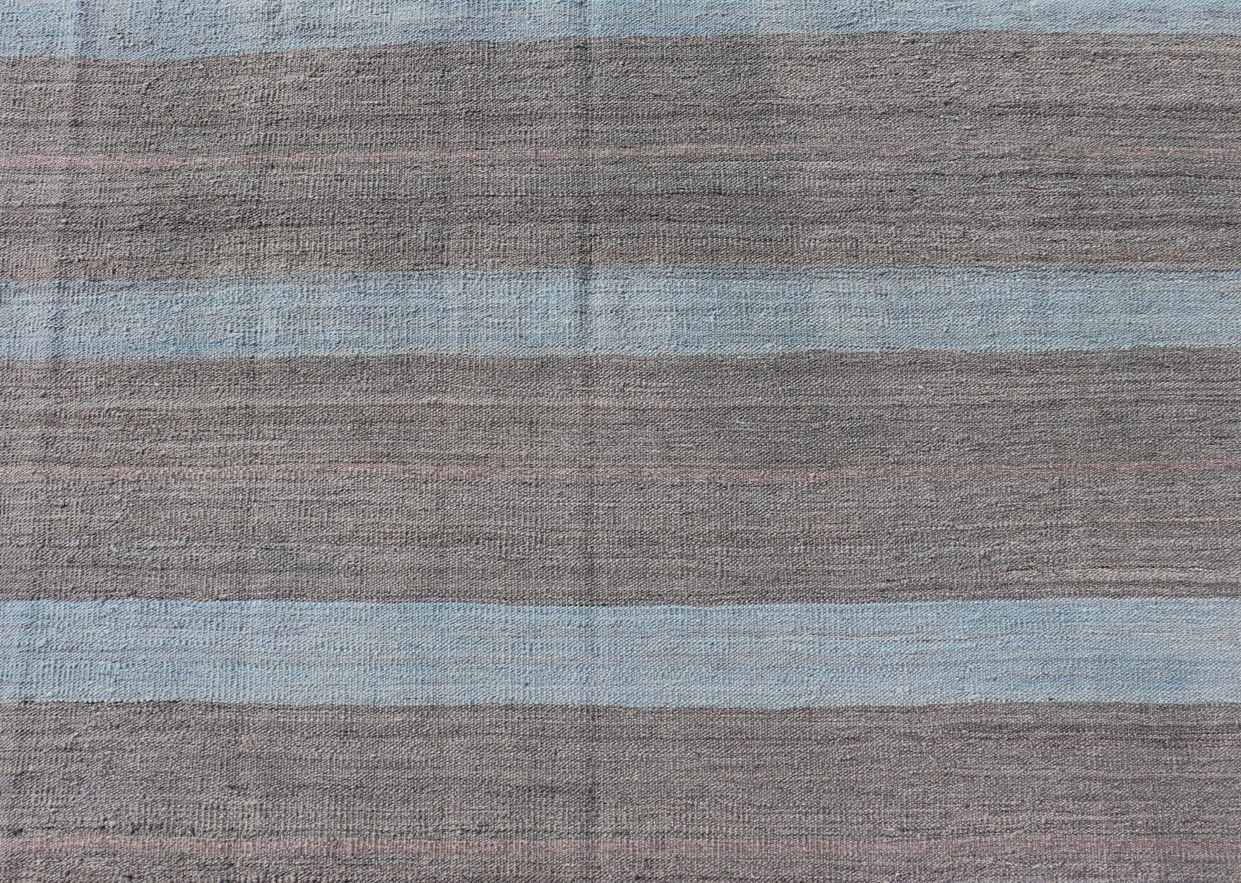 Wool Modern Kilim Casual Rug with Stripes in Shades of Blue, Gray' and Charcoal