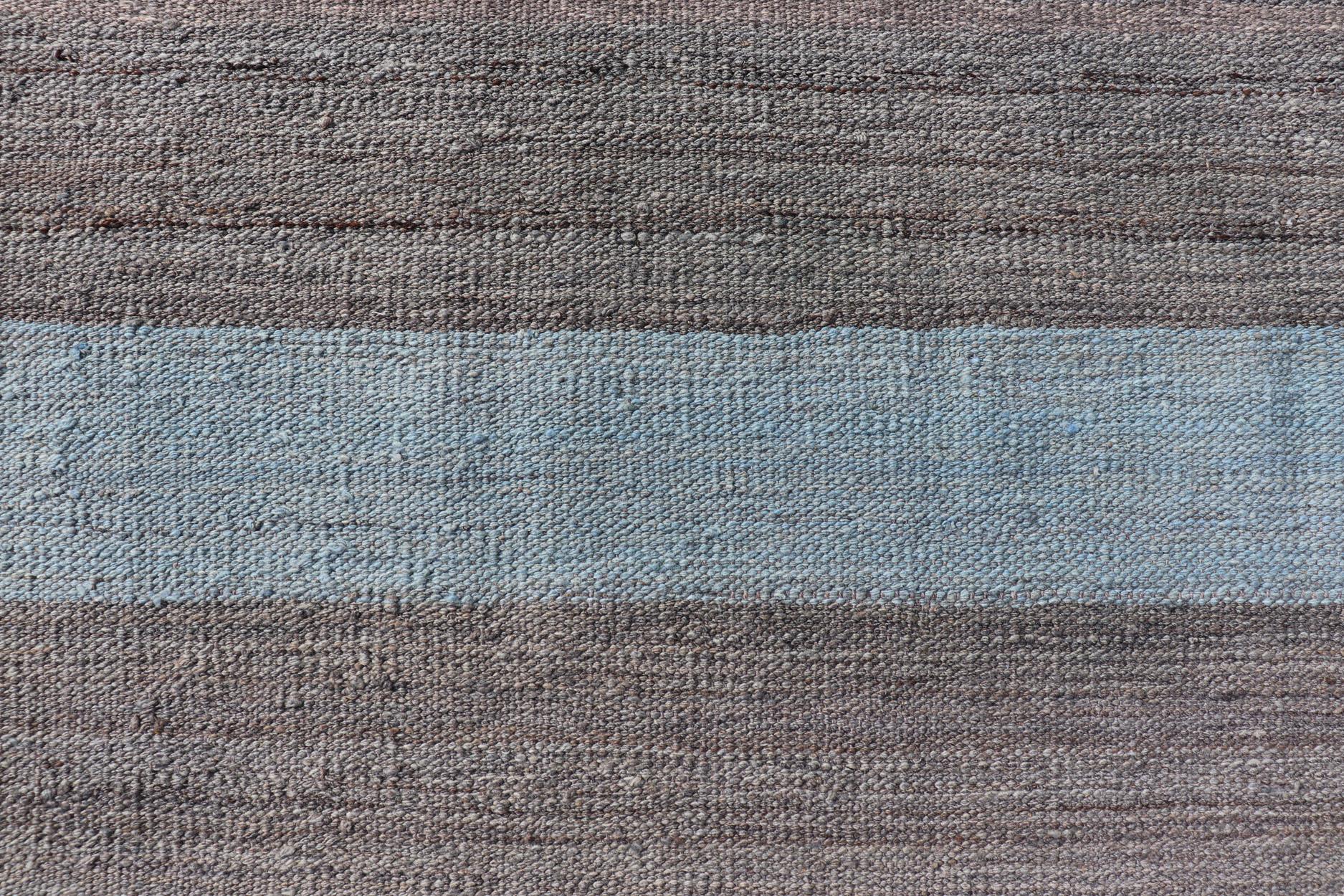 Modern Kilim Casual Rug with Stripes in Shades of Blue, Gray' and Charcoal 1