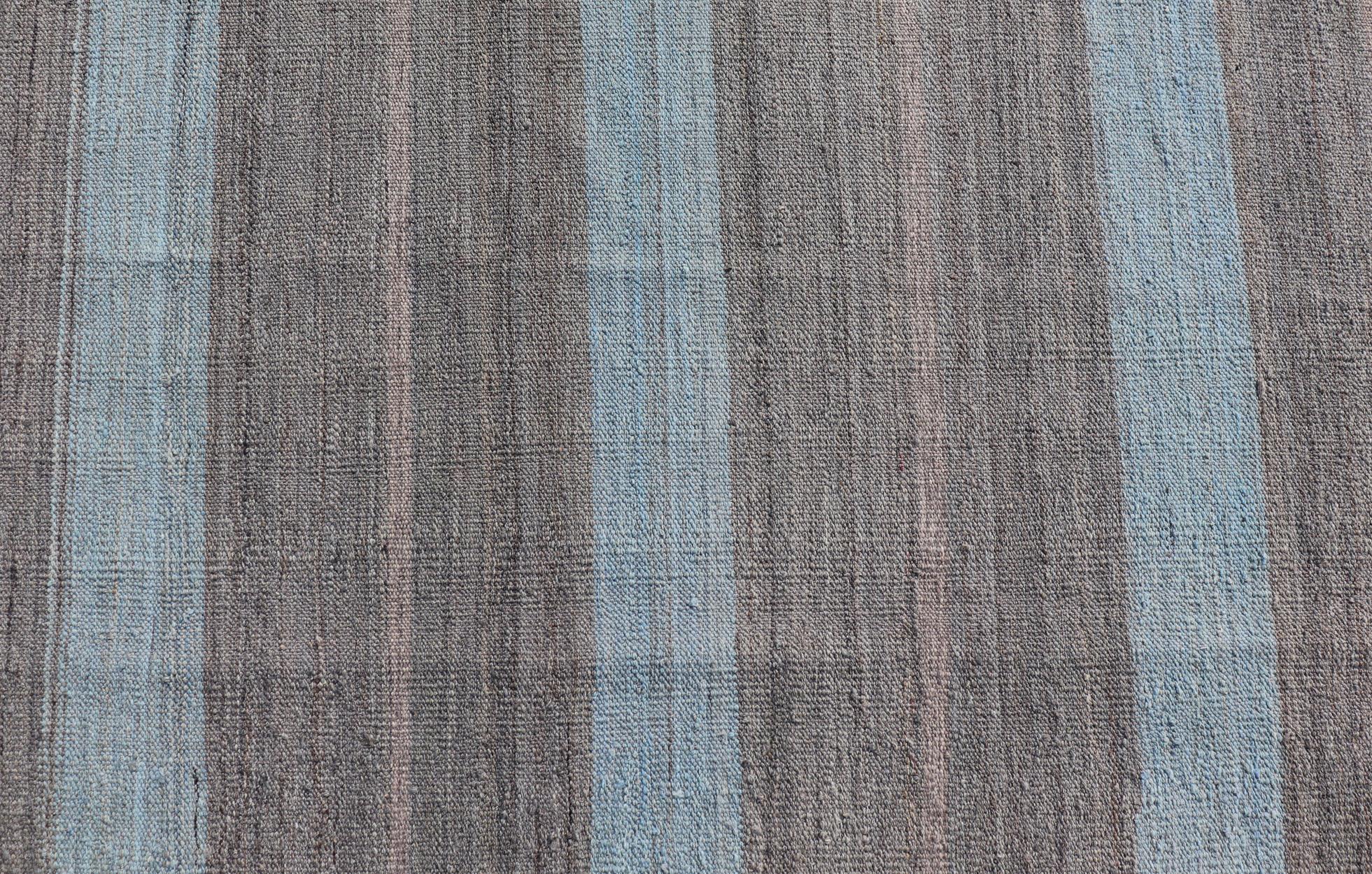 Modern Kilim Casual Rug with Stripes in Shades of Blue, Gray' and Charcoal 2