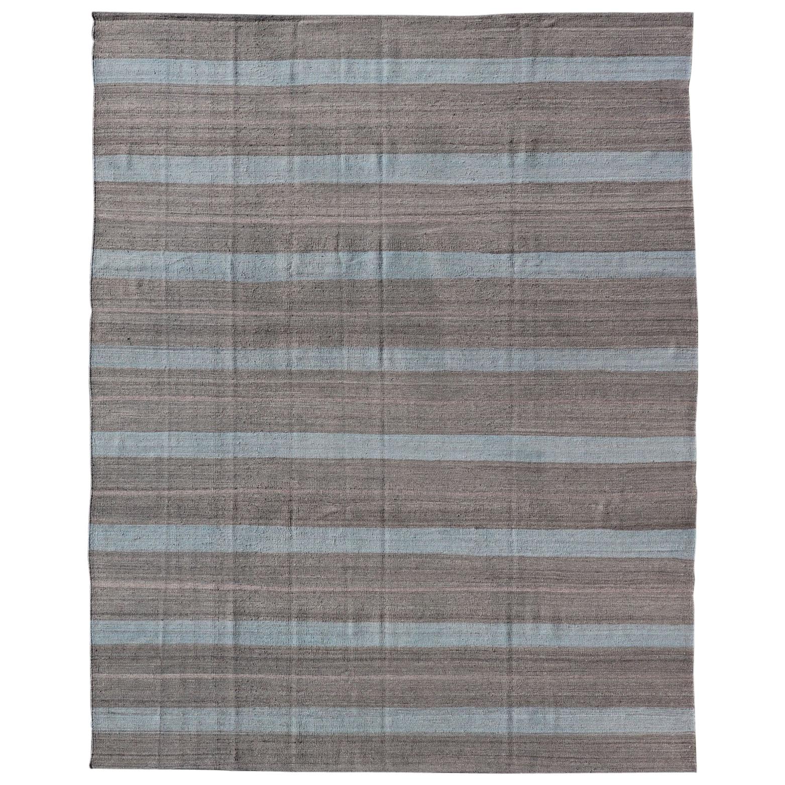 Modern Kilim Casual Rug with Stripes in Shades of Blue, Gray' and Charcoal