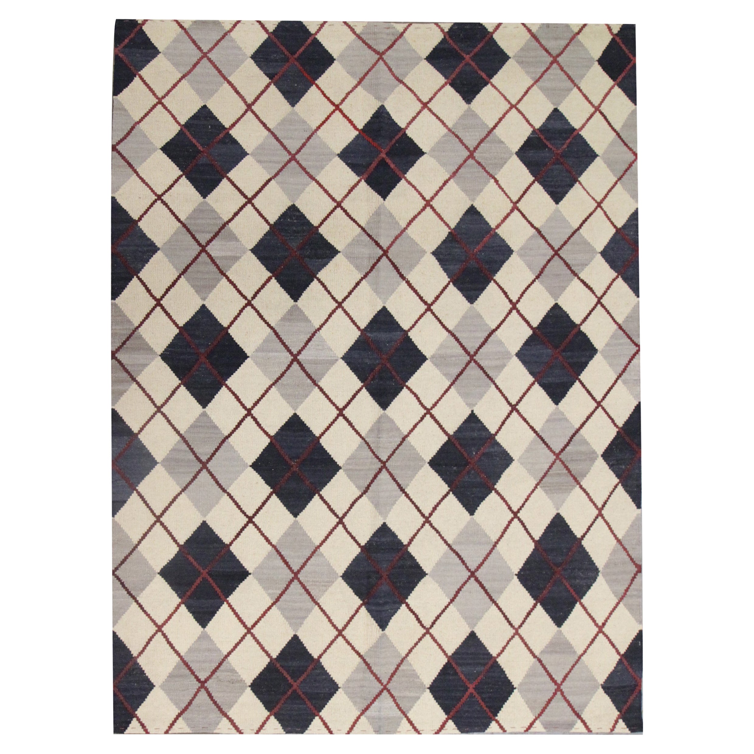 Moderner Kelim Karomuster Kelim Creme Blau Wolle Kilim Teppich Geometrischer Flächenteppich