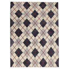 Tappeto Kilim moderno con motivo a quadri Kelim Crema Blu Lana Kilim Tappeto Geometrico