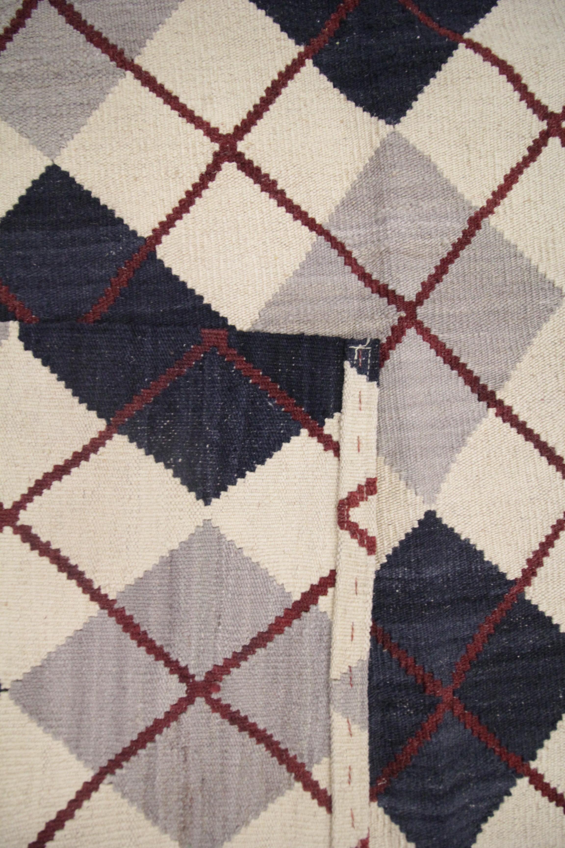Afghan Modern Kilim Cream Blue Check Pattern Wool Kilim Carpet Geometric Kelim Area Rug For Sale
