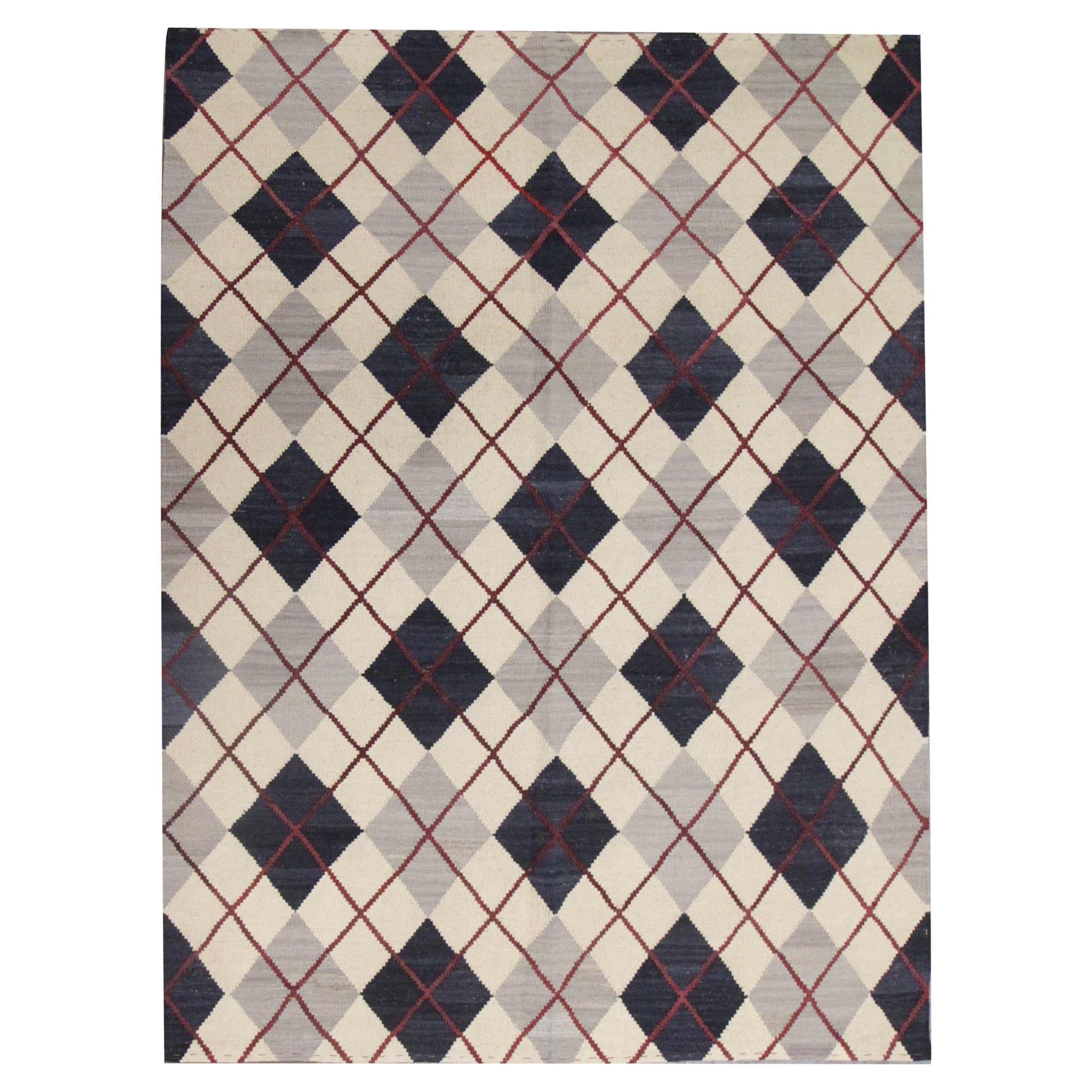 Modern Kilim Cream Blue Check Pattern Wool Kilim Carpet Geometric Kelim Area Rug