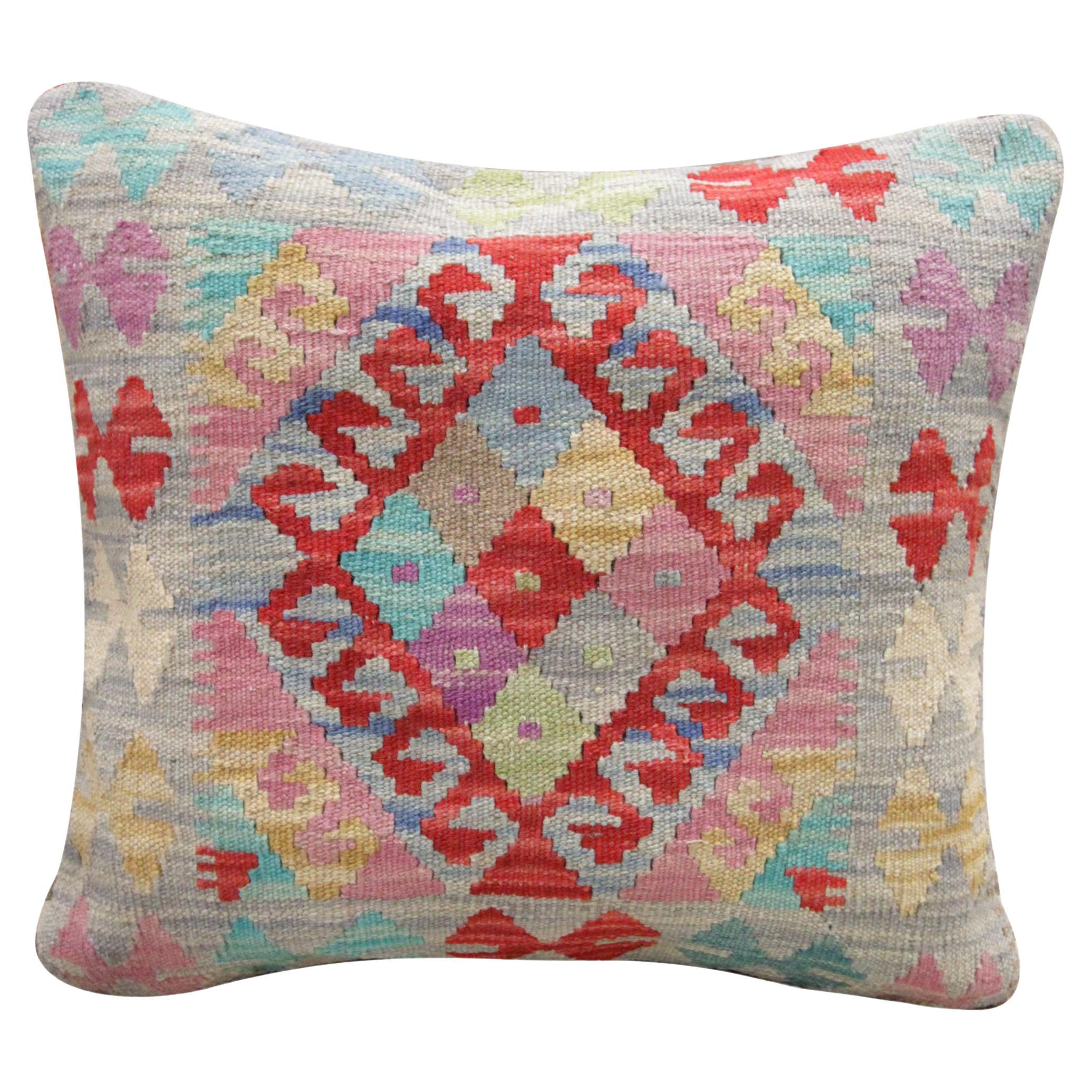 Modern Kilim Cushion Cover Blue Handmade Geometric Wool Pillow Case