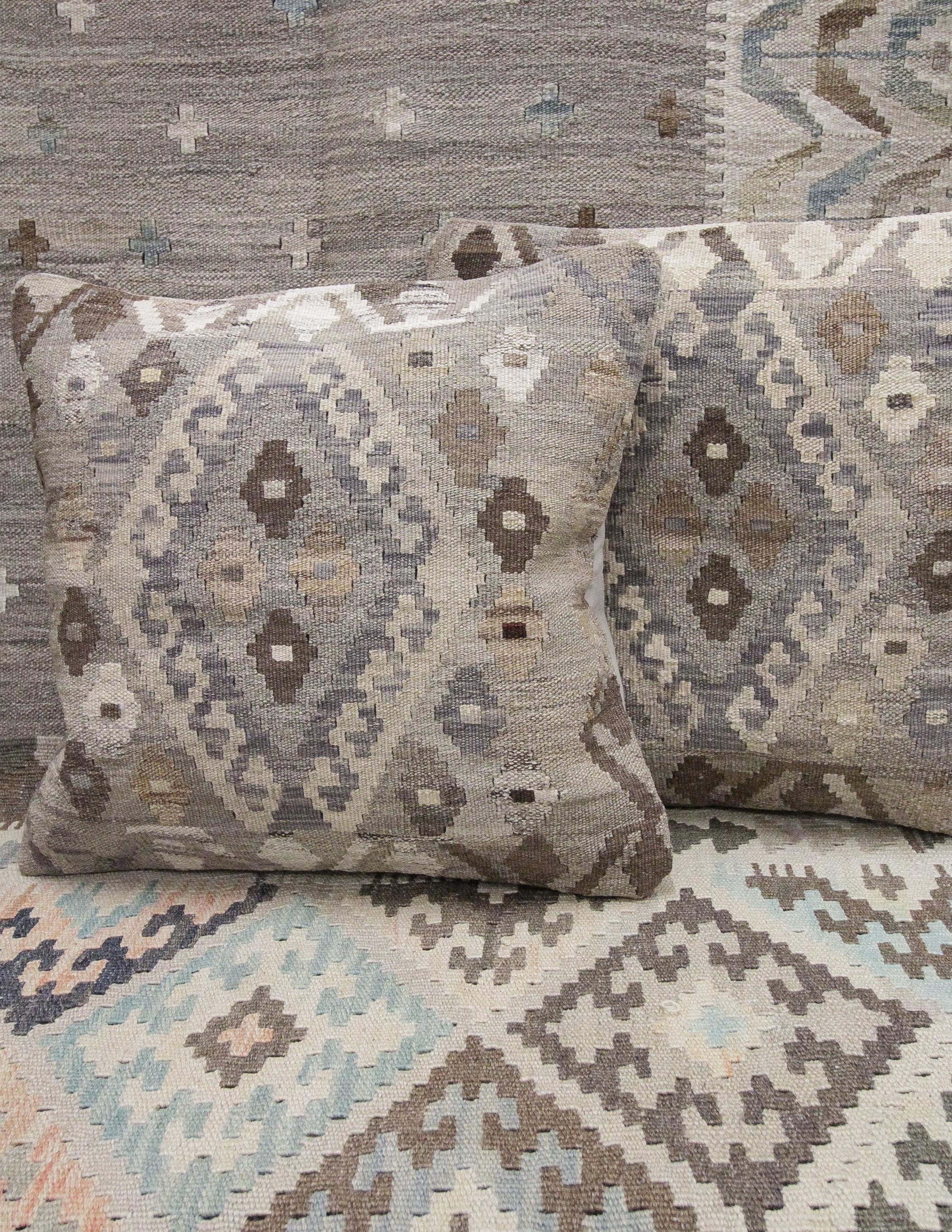 Hand-Knotted Modern Kilim Cushion Cover Coffee Brown Handmade Geometric Wool Pillow