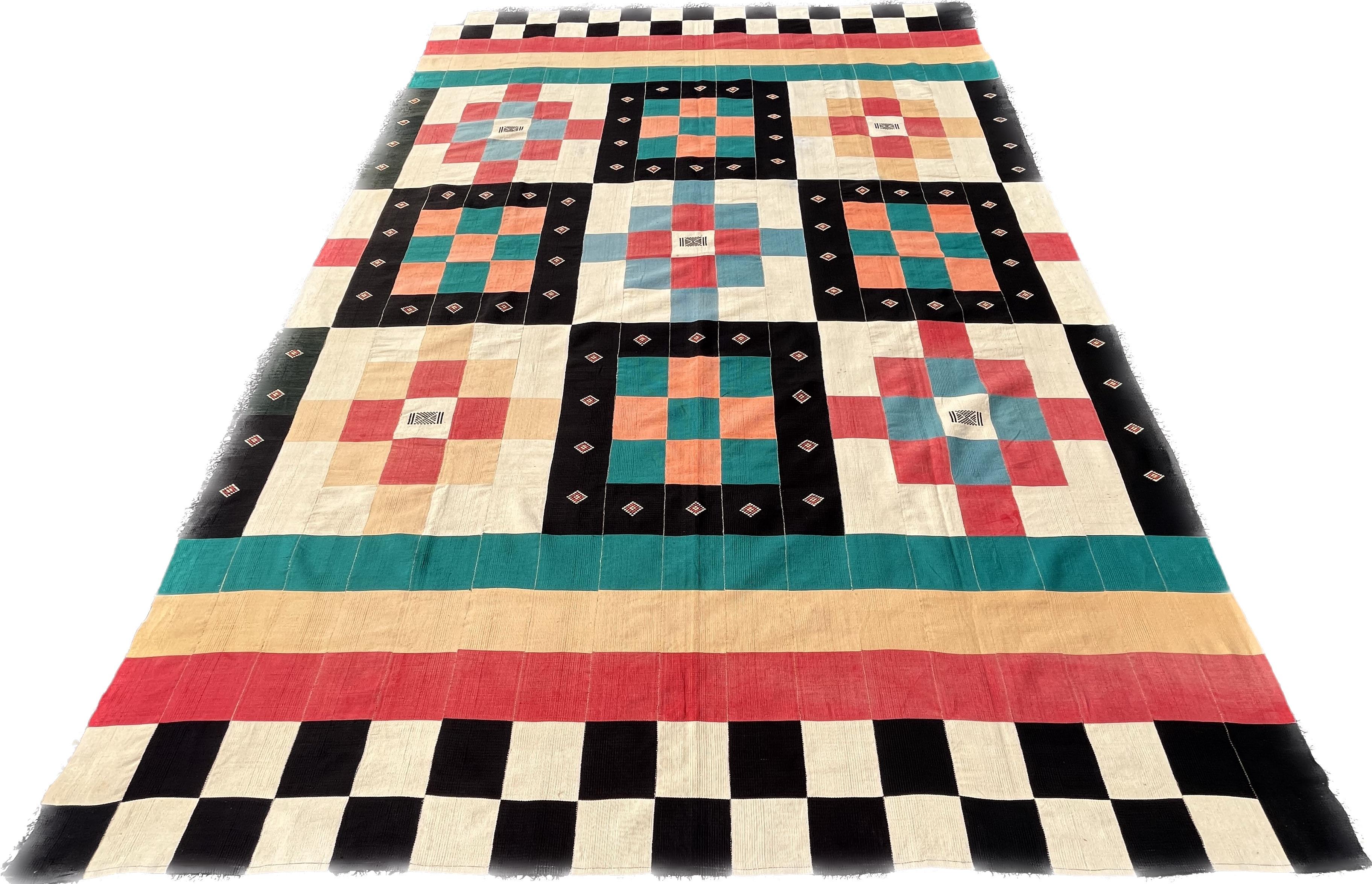 Modern Kilim Fabric Rug.

“Kilim” is a Turkish word designating the technique of flat weaving (or tapestry). This carpet manufacturing technique is different from that of knotted stitches (velvet appearance), the result is more flexible and