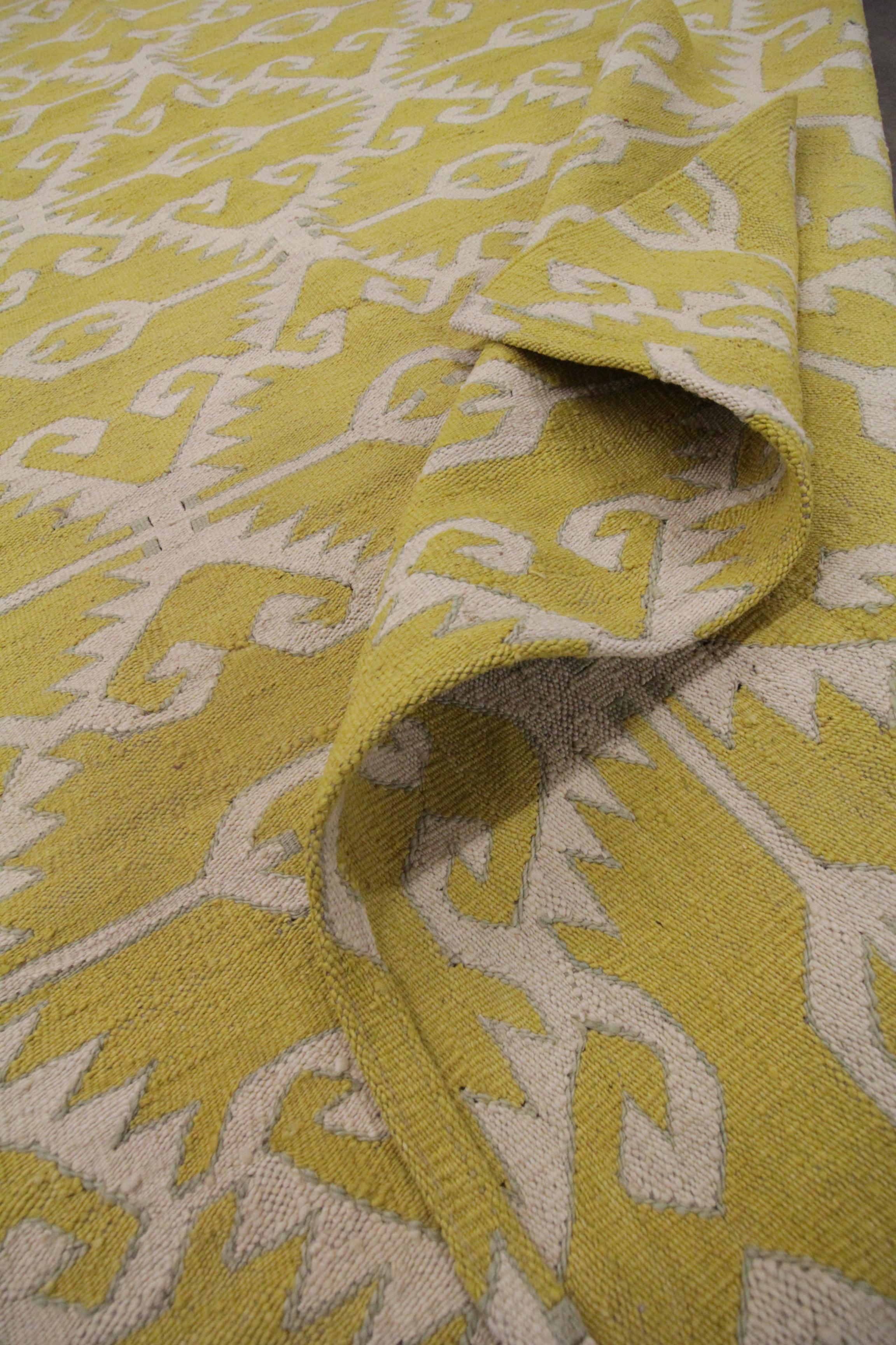 Vegetable Dyed Modern Kilim Flat Handmade Carpet Geometric Kilim Rug Wool Yellow Rug