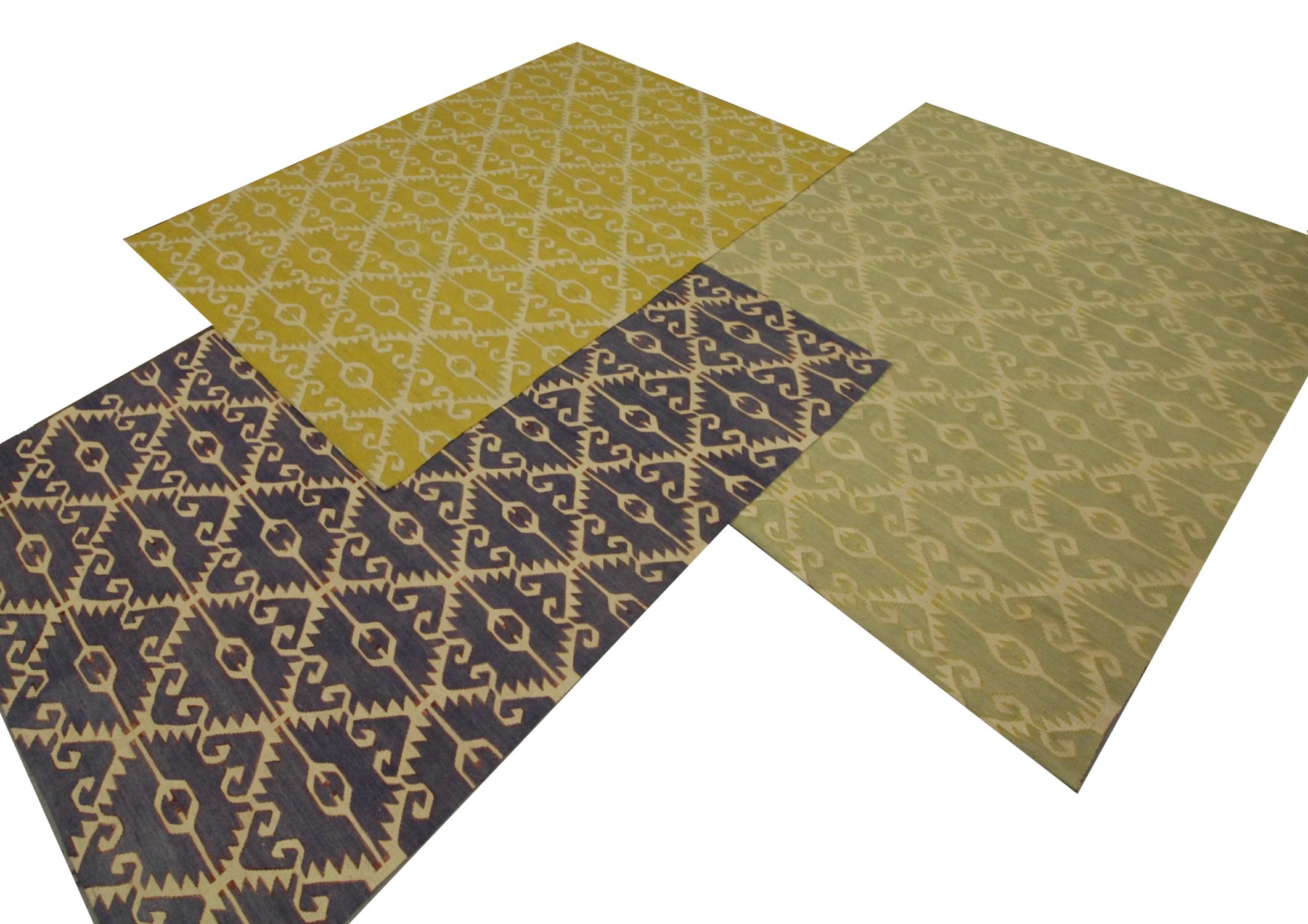 Contemporary Modern Kilim Flat Handmade Carpet Geometric Kilim Rug Wool Yellow Rug