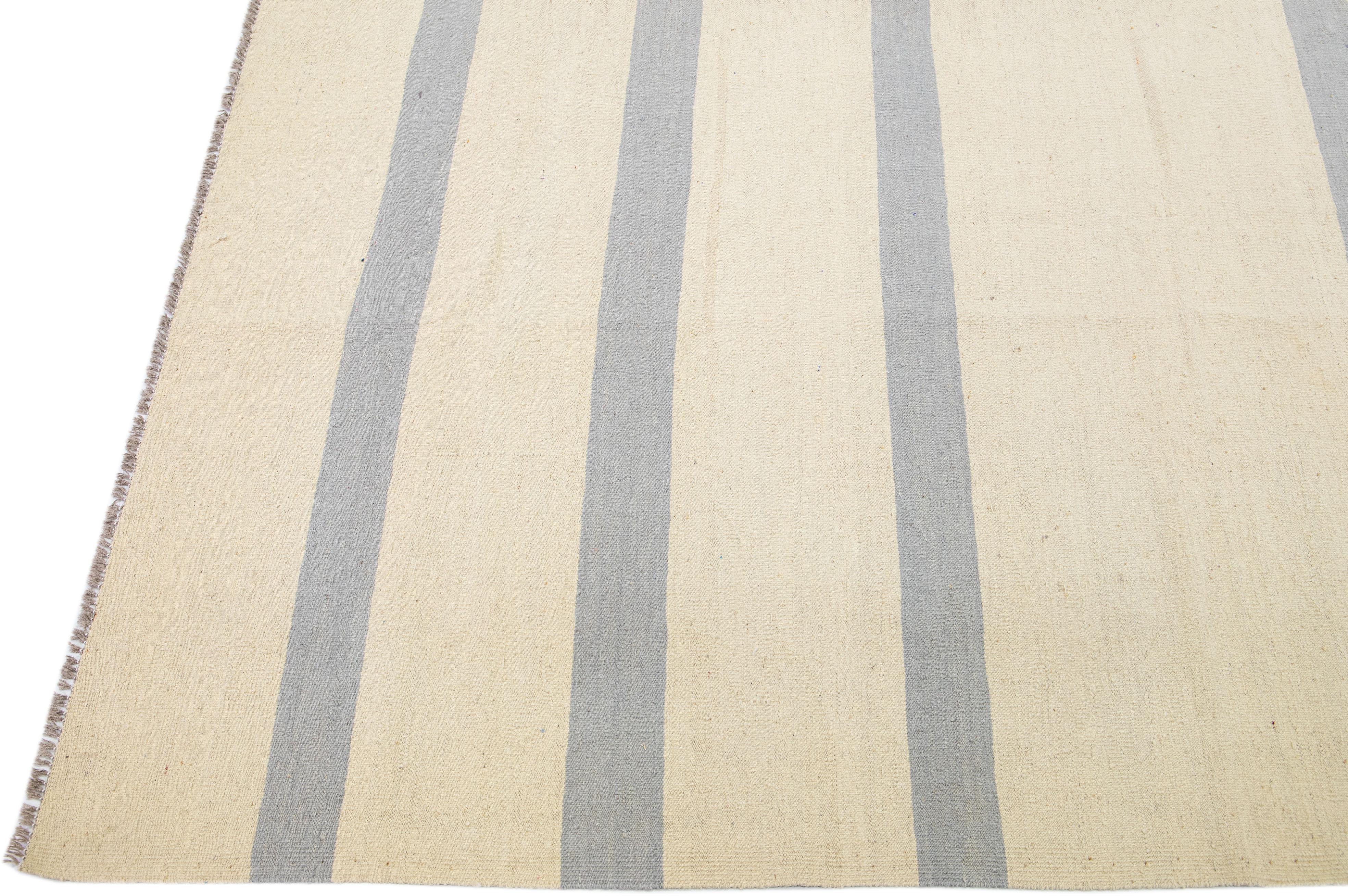 Hand-Knotted Modern Kilim Flat-Weave Beige Oversize Wool Rug with Stripe Design For Sale