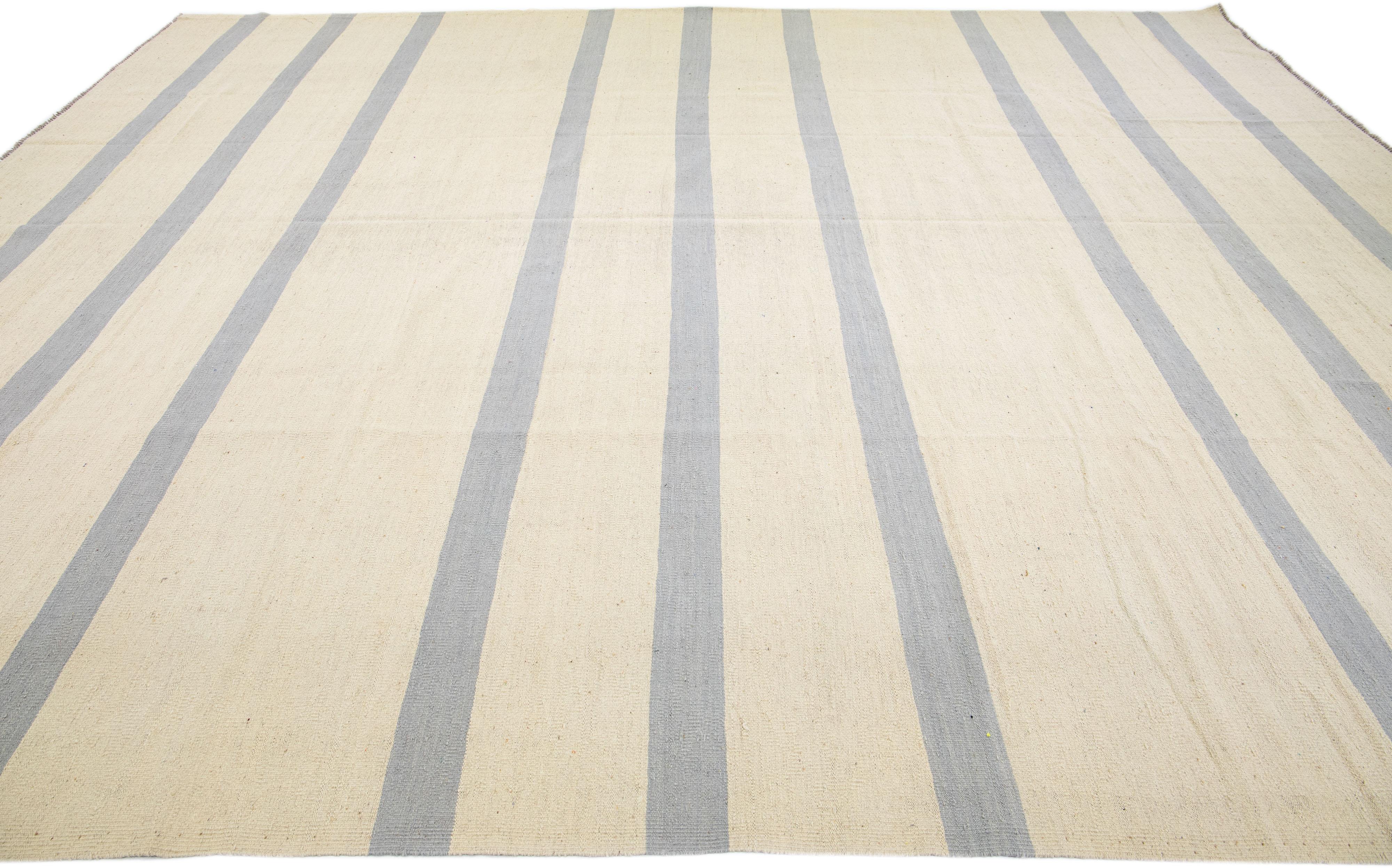 Contemporary Modern Kilim Flat-Weave Beige Oversize Wool Rug with Stripe Design For Sale