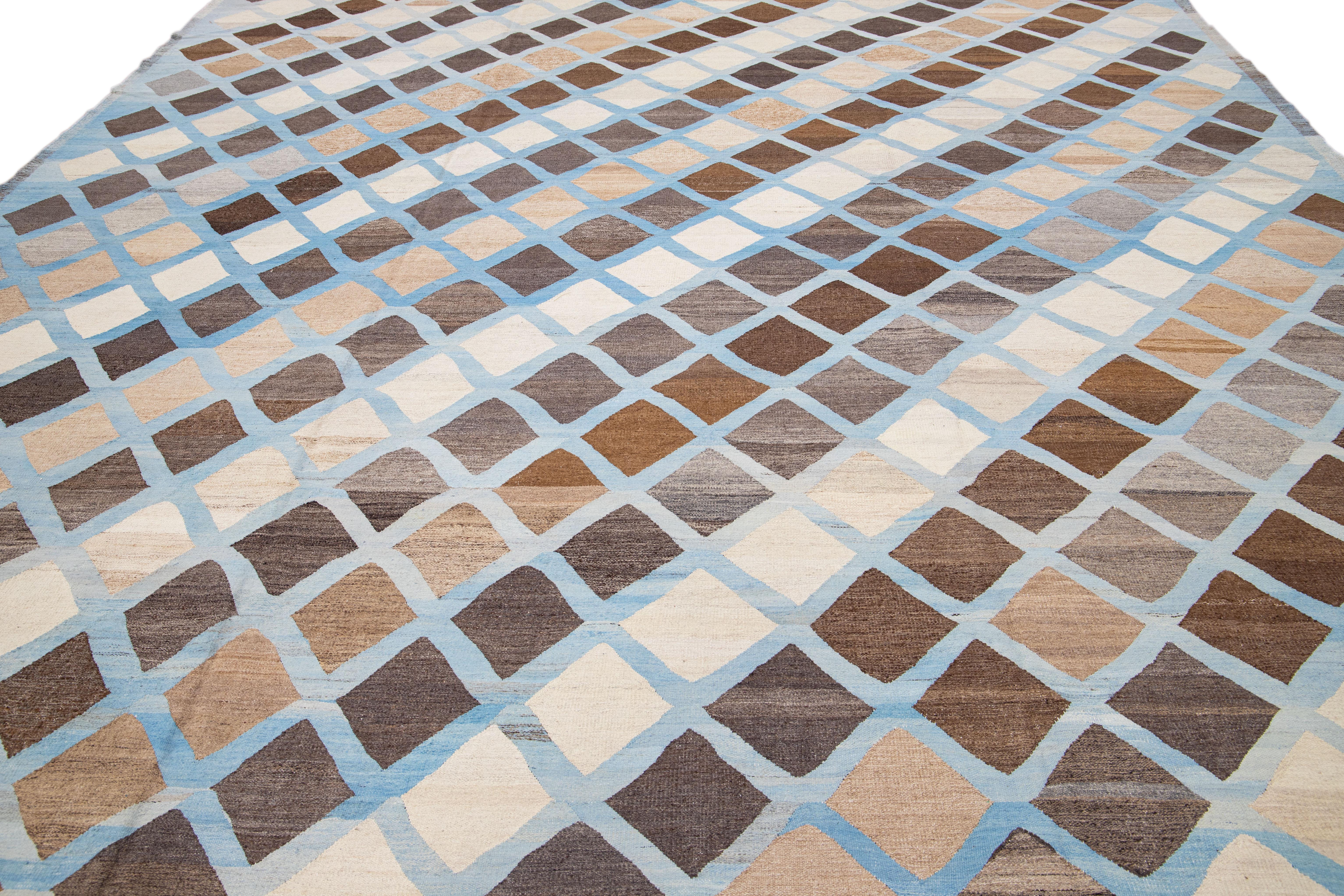 Afghan Modern Kilim Flat-Weave Geometric Blue and Brown Oversize Wool Rug For Sale