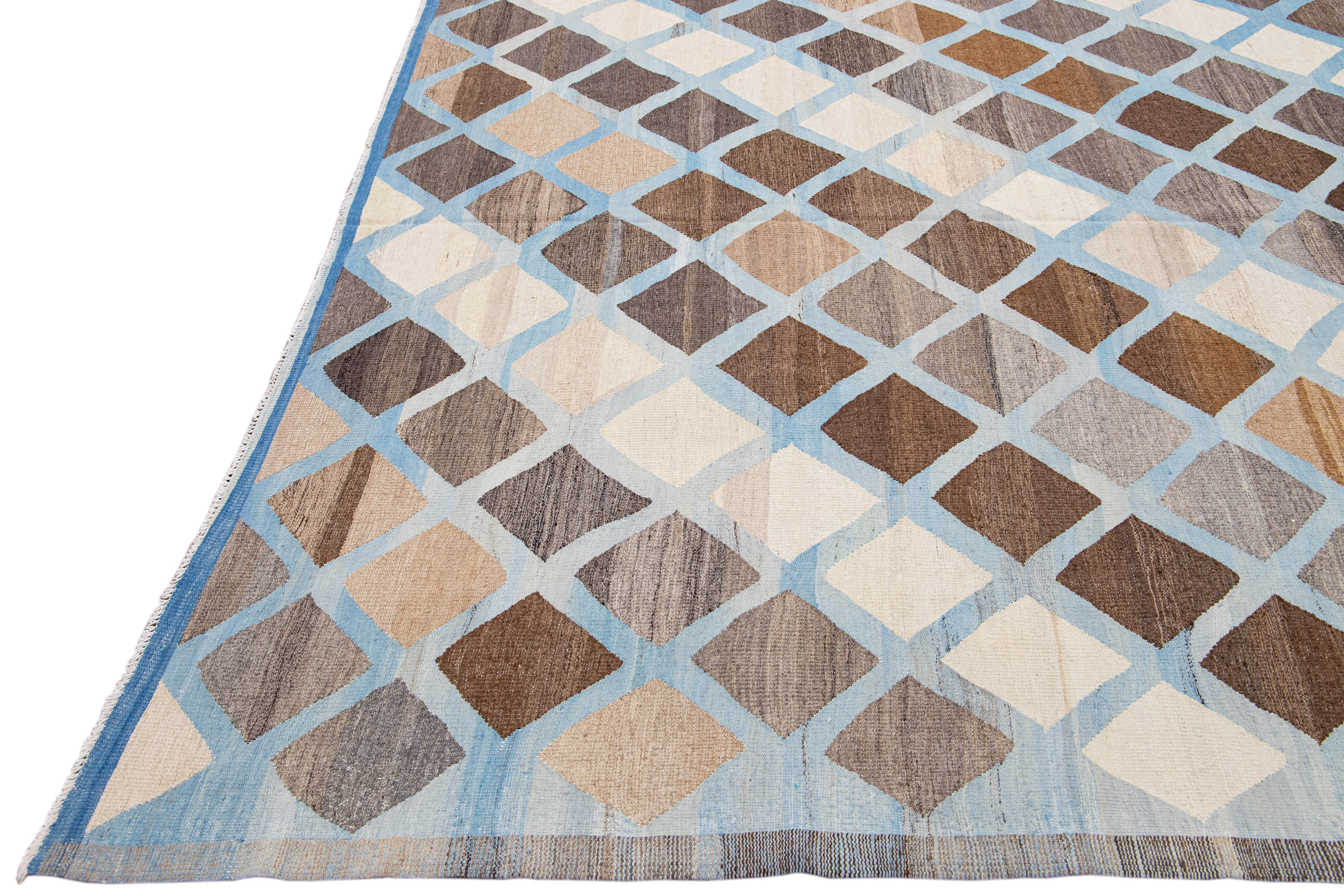 Hand-Knotted Modern Kilim Flat-Weave Geometric Blue and Brown Oversize Wool Rug For Sale