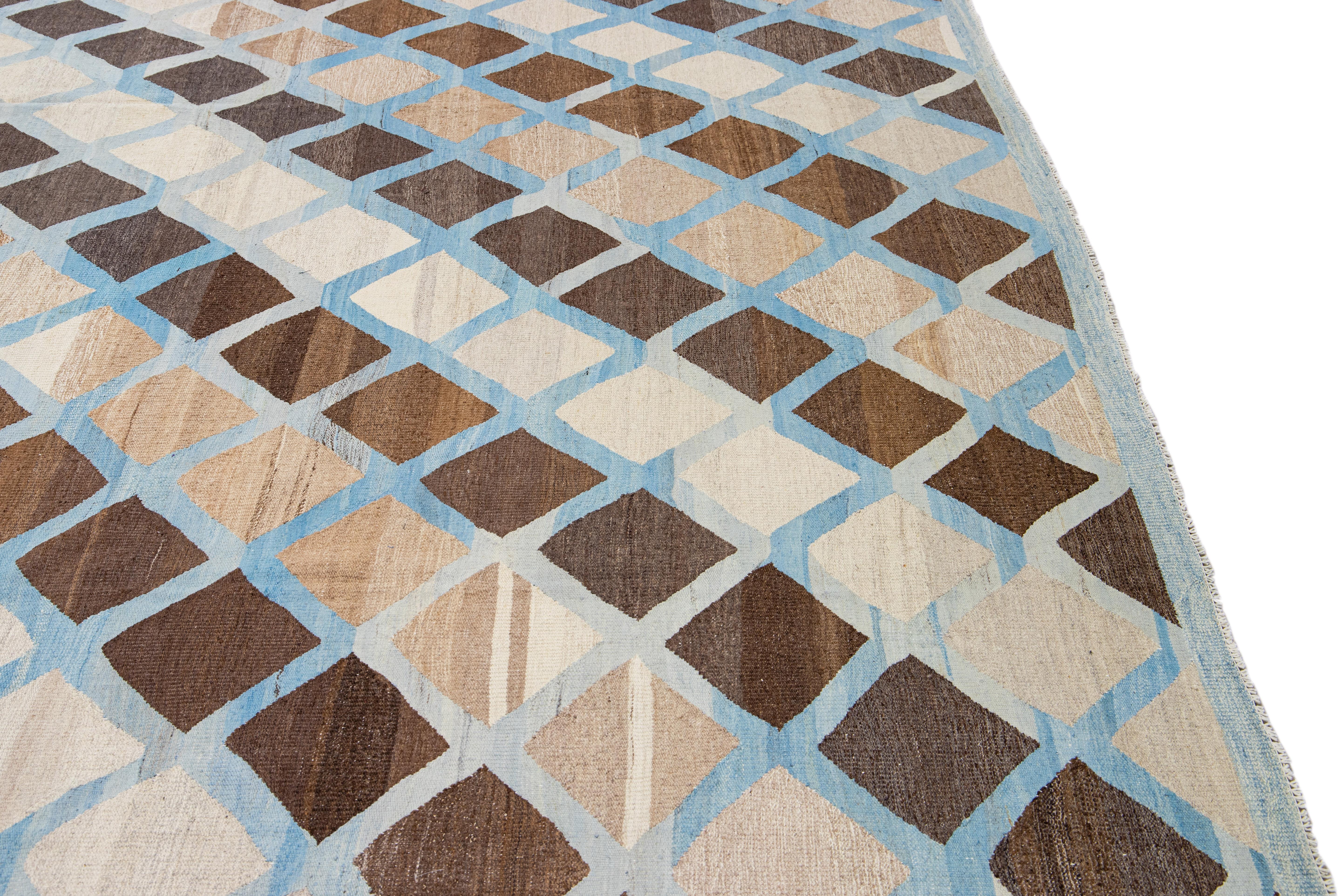 Modern Kilim Flat-Weave Geometric Blue and Brown Oversize Wool Rug For Sale 1