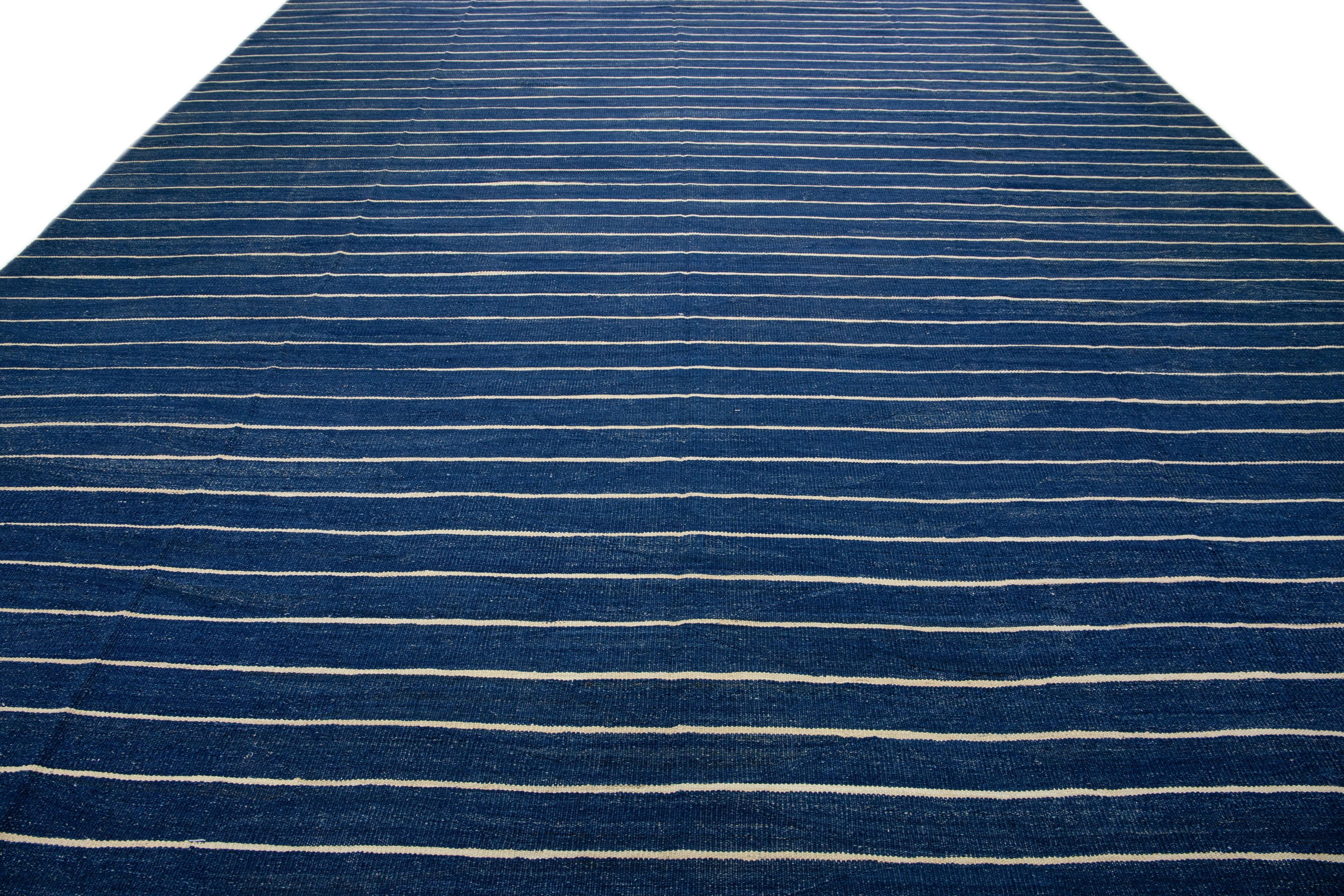 Afghan Modern Kilim Flat-Weave Navy Blue Oversize Wool Rug with Stripe Pattern For Sale
