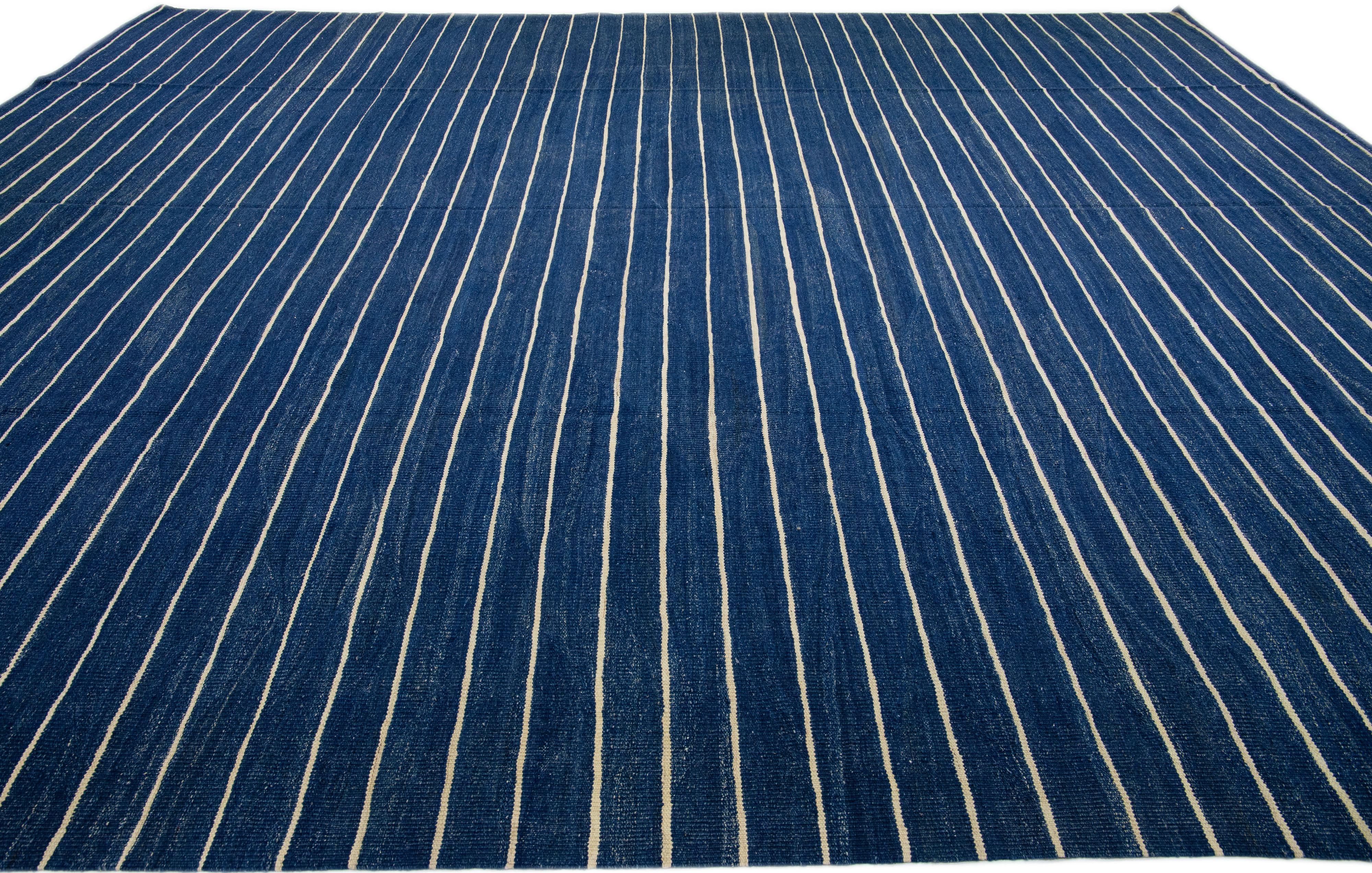 Hand-Knotted Modern Kilim Flat-Weave Navy Blue Oversize Wool Rug with Stripe Pattern For Sale
