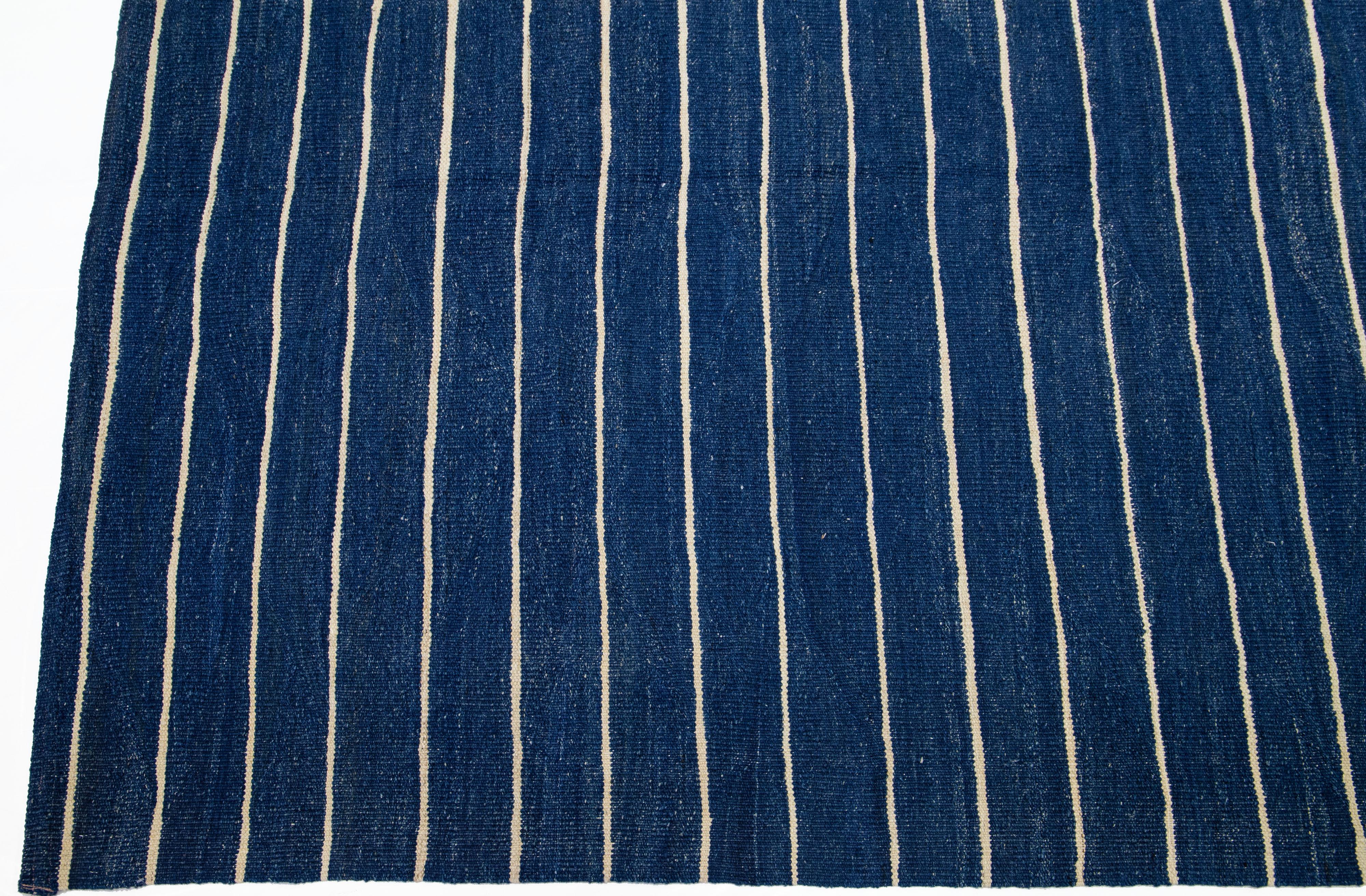 Modern Kilim Flat-Weave Navy Blue Oversize Wool Rug with Stripe Pattern For Sale 1