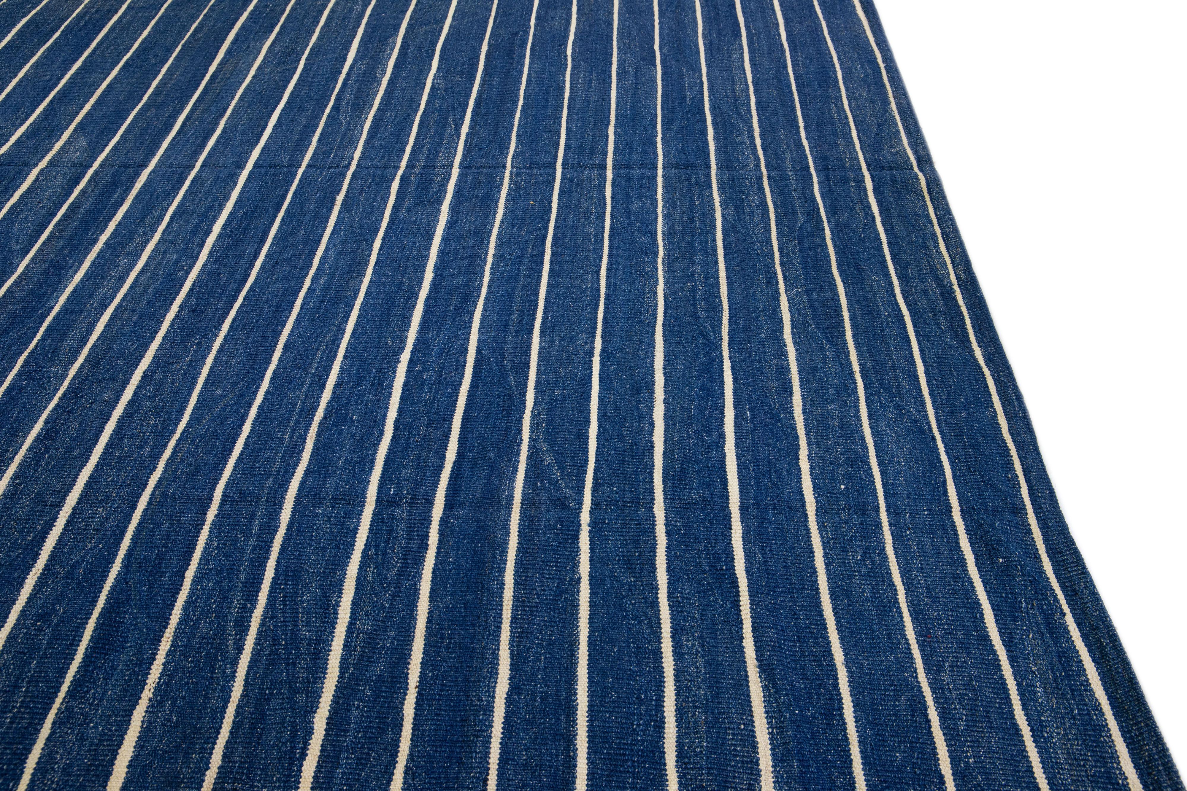 Modern Kilim Flat-Weave Navy Blue Oversize Wool Rug with Stripe Pattern For Sale 2