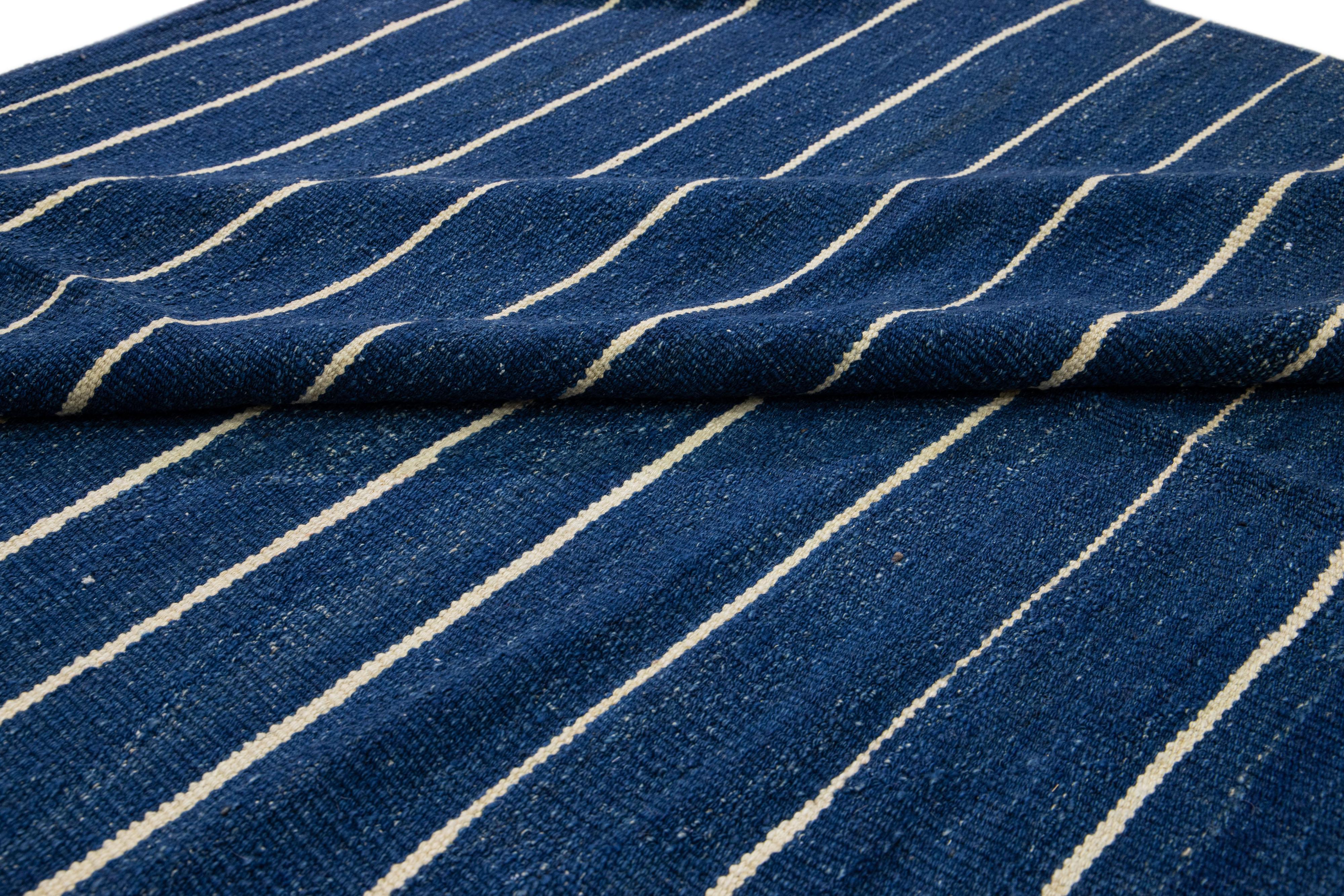 Modern Kilim Flat-Weave Navy Blue Oversize Wool Rug with Stripe Pattern For Sale 3