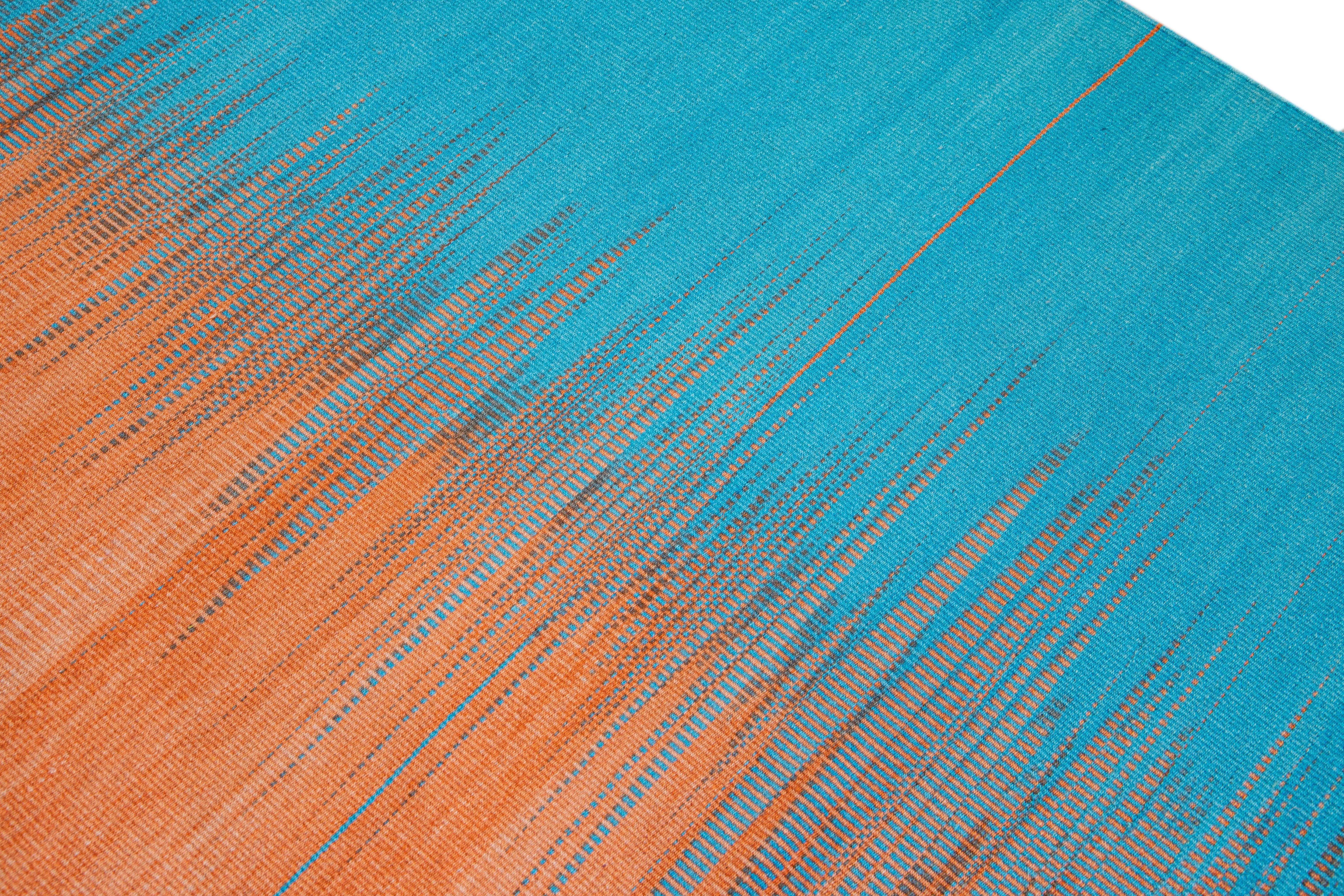 Modern Kilim Flatweave Abstract Designed Blue and Orange Wool Rug For Sale 4