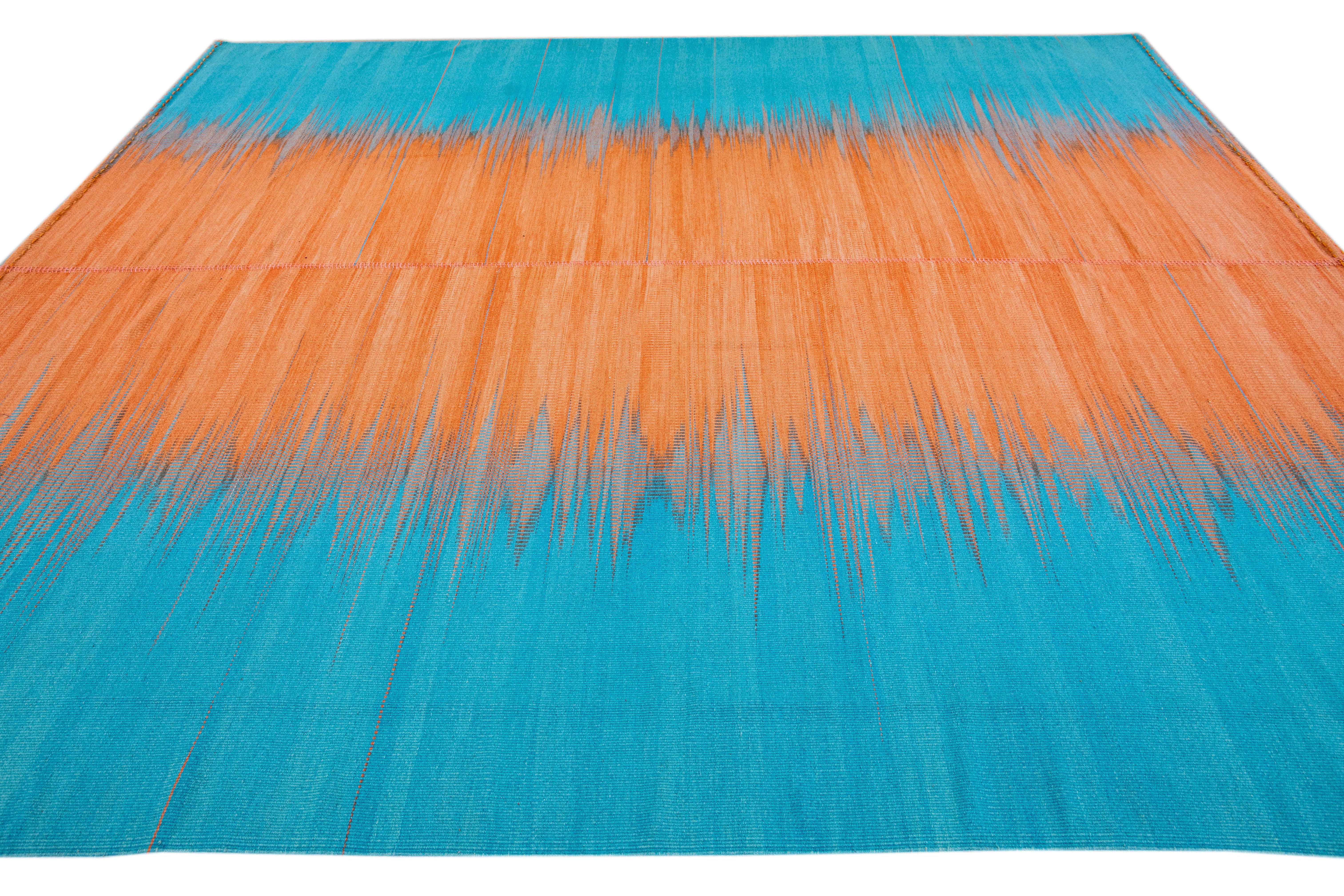Modern Kilim Flatweave Abstract Designed Blue and Orange Wool Rug In New Condition For Sale In Norwalk, CT