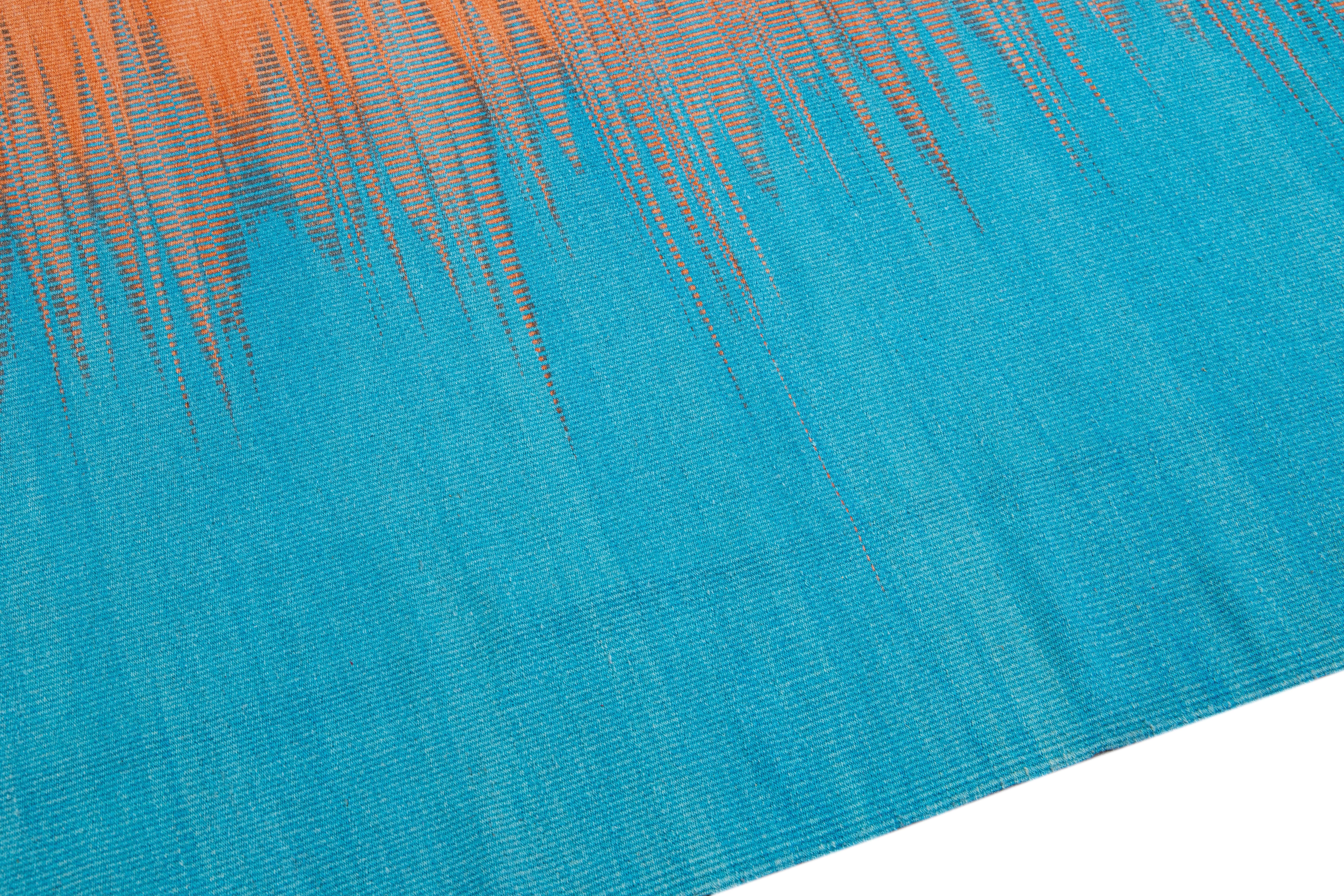 Modern Kilim Flatweave Abstract Designed Blue and Orange Wool Rug For Sale 1