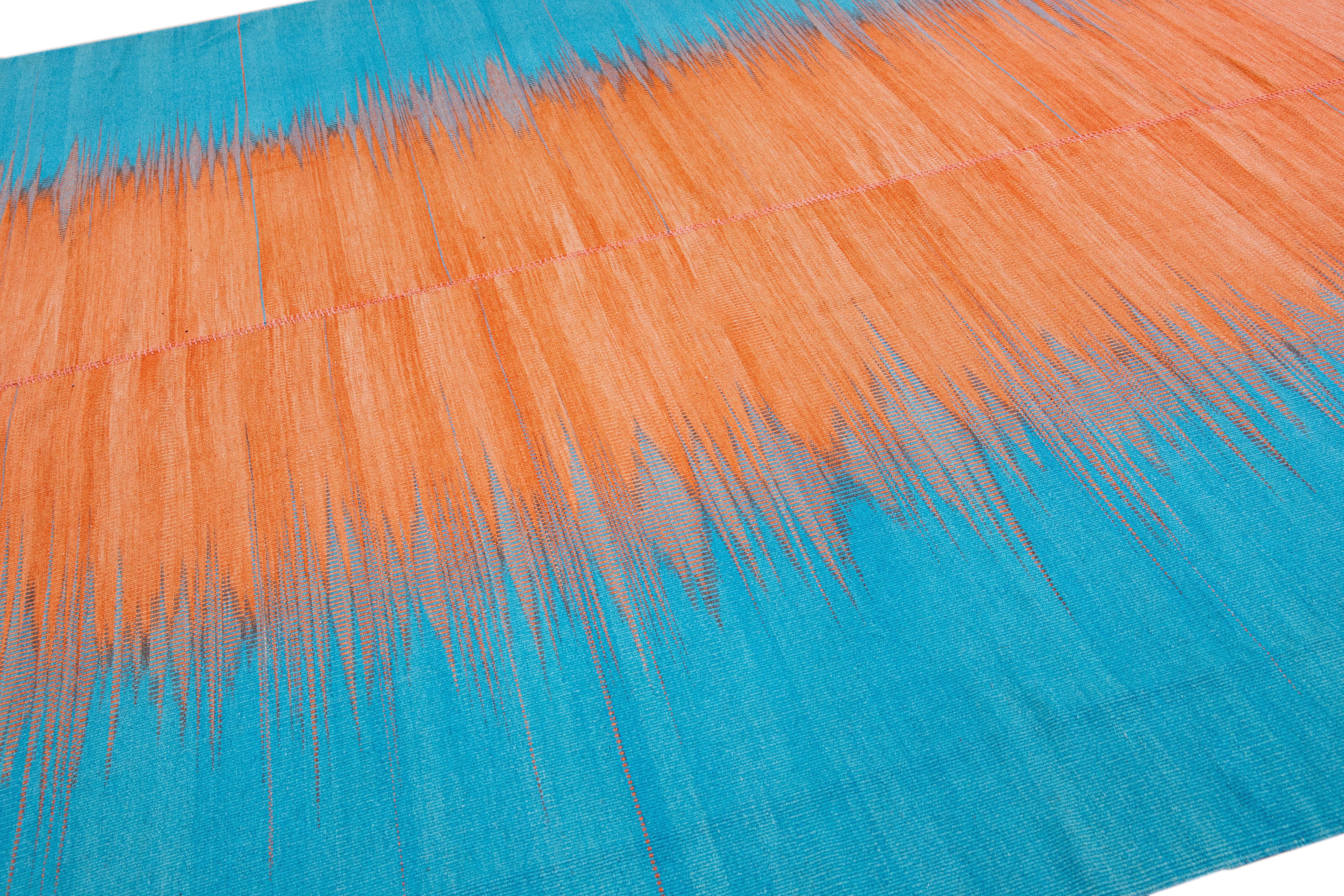 Modern Kilim Flatweave Abstract Designed Blue and Orange Wool Rug For Sale 3